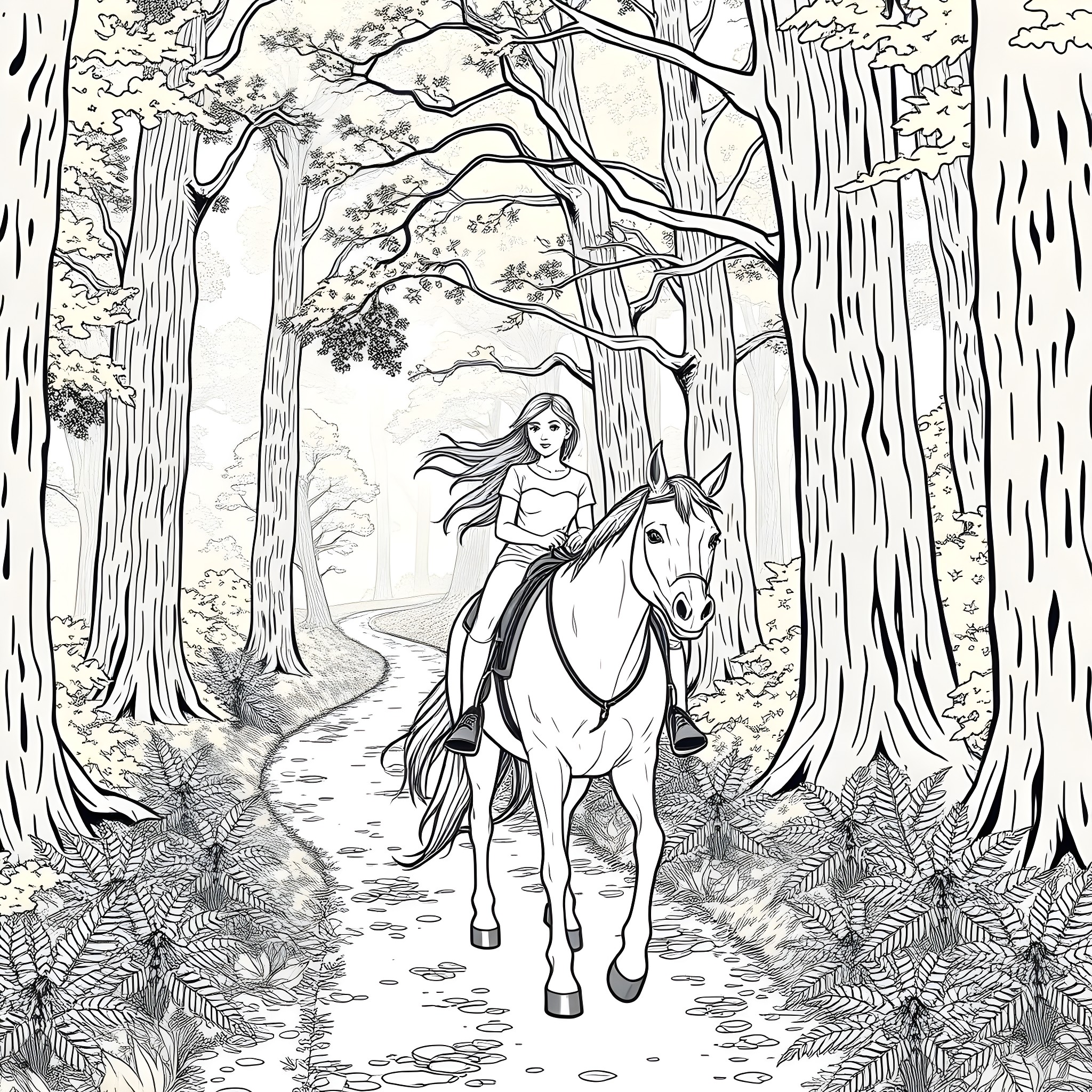 Teen Girl Riding Horse in Enchanted Forest Coloring Page (free black-and-white line drawing printable PDF for all, from beginners to advanced learners, including children, teens, adults, and seniors)
