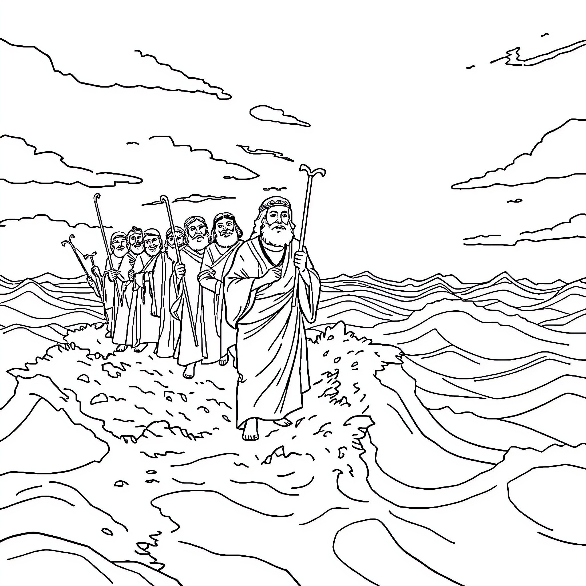 Moses leading the Israelites through the parted sea Coloring Page (free black-and-white line drawing printable PDF for all, from beginners to advanced learners, including children, teens, adults, and seniors)