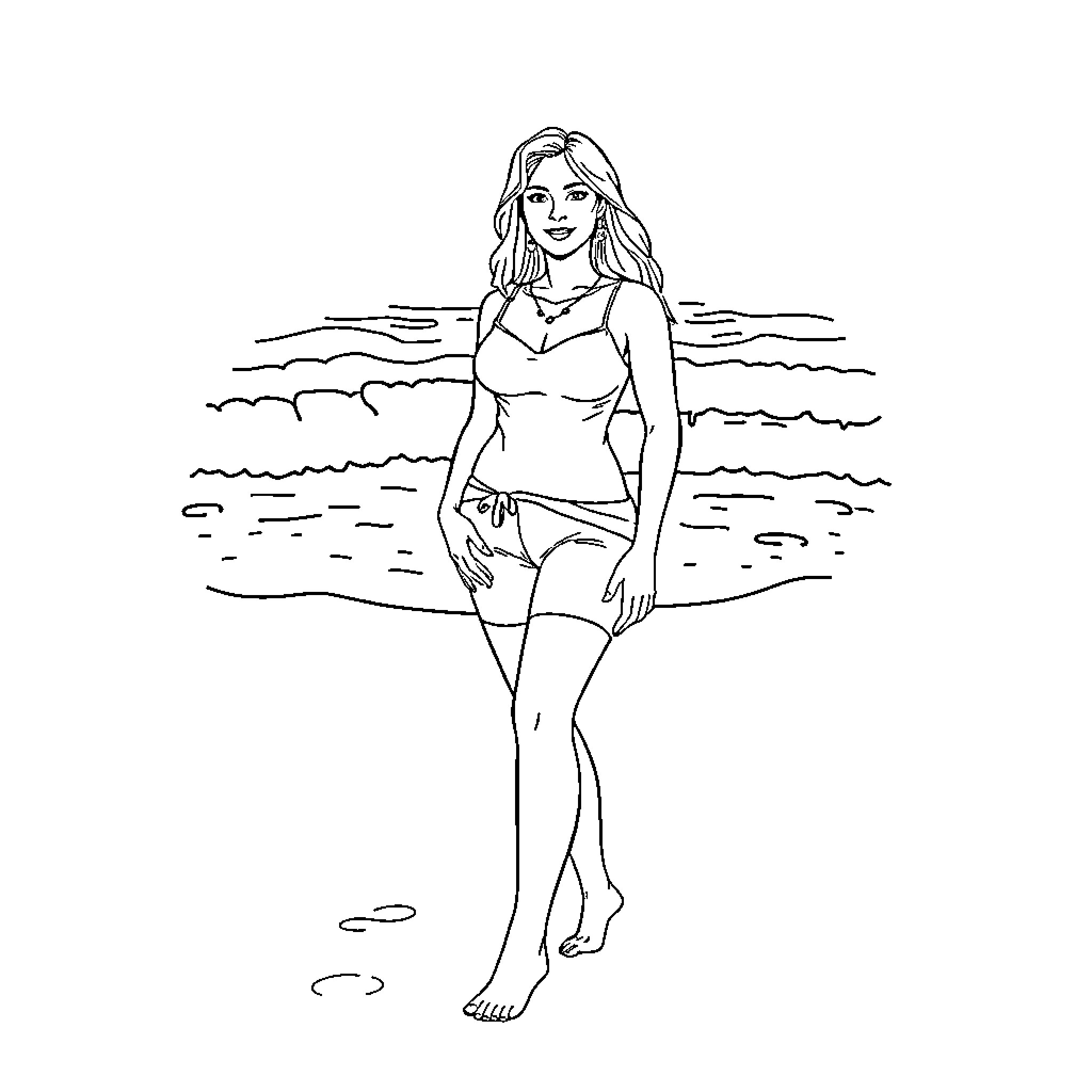 Deni Garofalo enjoying the beach Coloring Page (free black-and-white line drawing printable PDF for all, from beginners to advanced learners, including children, teens, adults, and seniors)