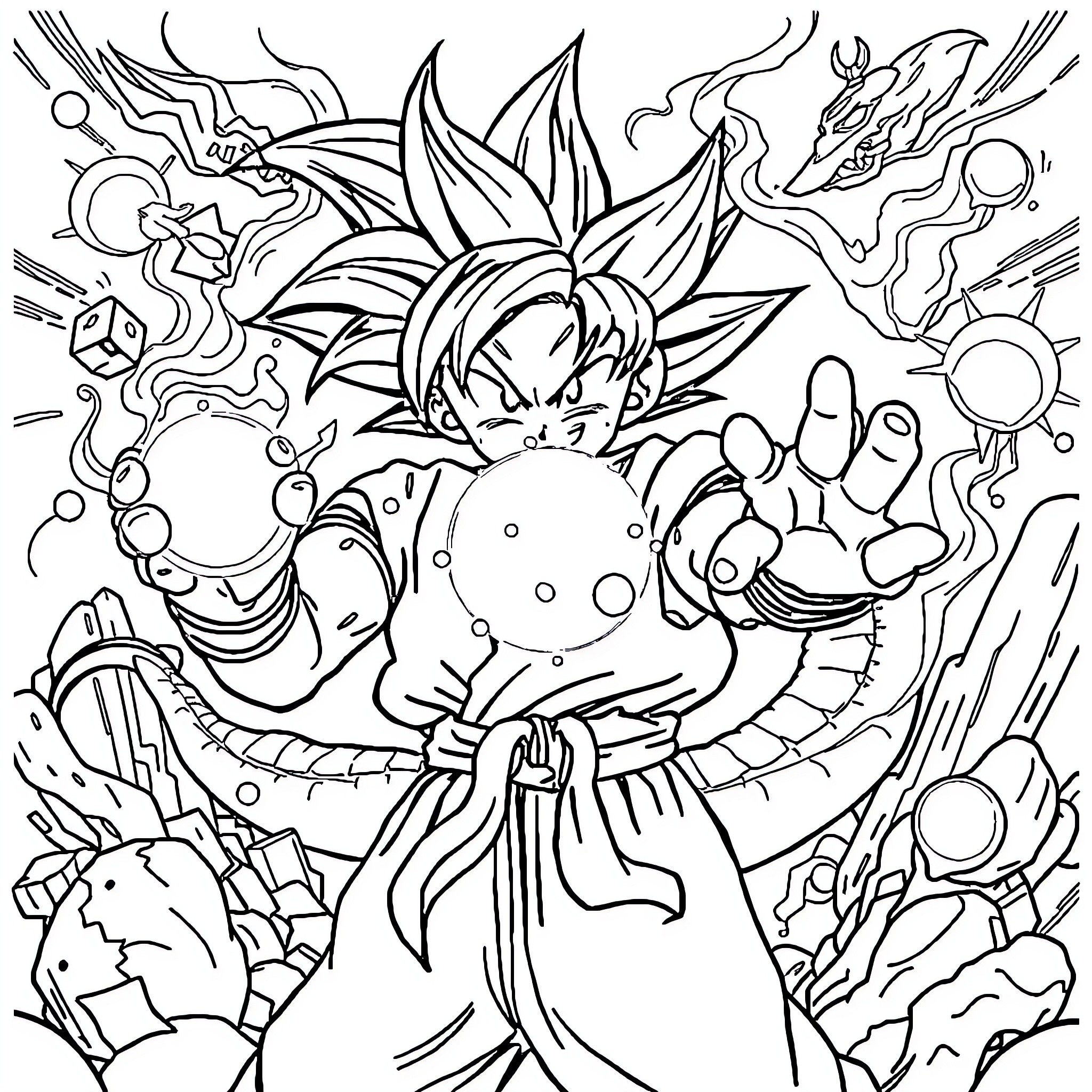 Dragon Ball: Goku's Powerful Transformation Coloring Page (free black-and-white line drawing printable PDF for all, from beginners to advanced learners, including children, teens, adults, and seniors)