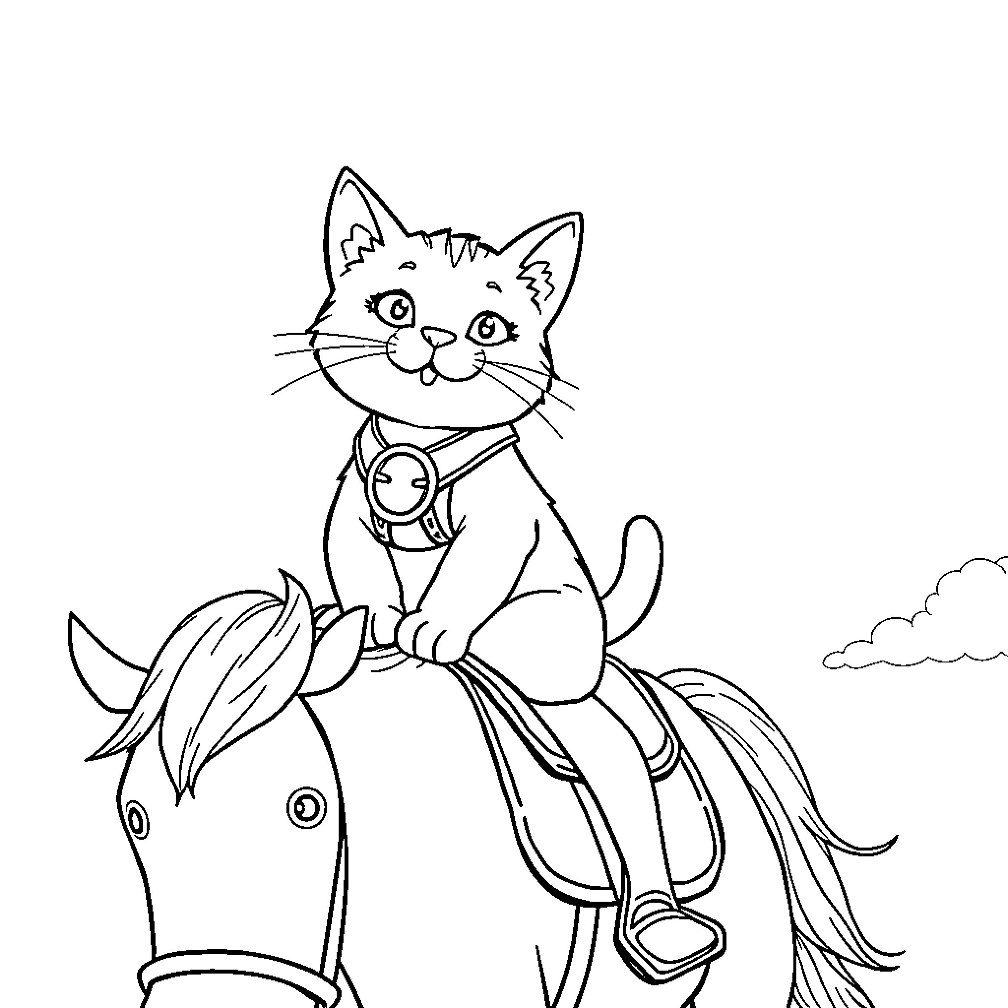 Cat riding a horse in the park Coloring Page (free black-and-white line drawing printable PDF for all, from beginners to advanced learners, including children, teens, adults, and seniors)