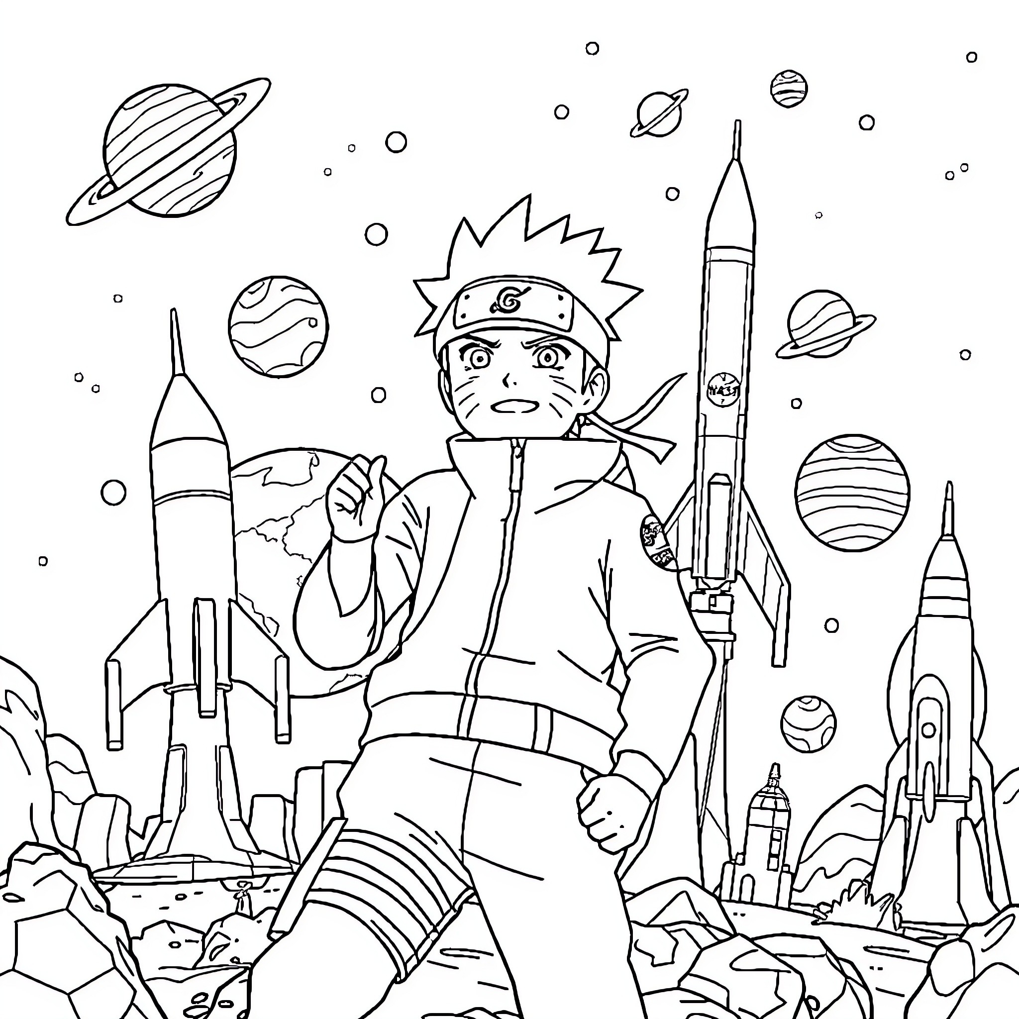 Naruto's Outer Space Adventure with Rockets and Planets Coloring Page (free black-and-white line drawing printable PDF for all, from beginners to advanced learners, including children, teens, adults, and seniors)