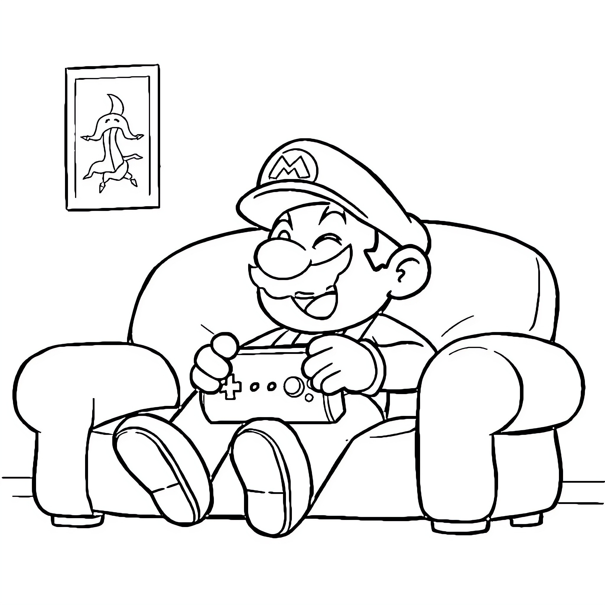 Sans playful gaming with video controller Coloring Page (free black-and-white line drawing printable PDF for all, from beginners to advanced learners, including children, teens, adults, and seniors)
