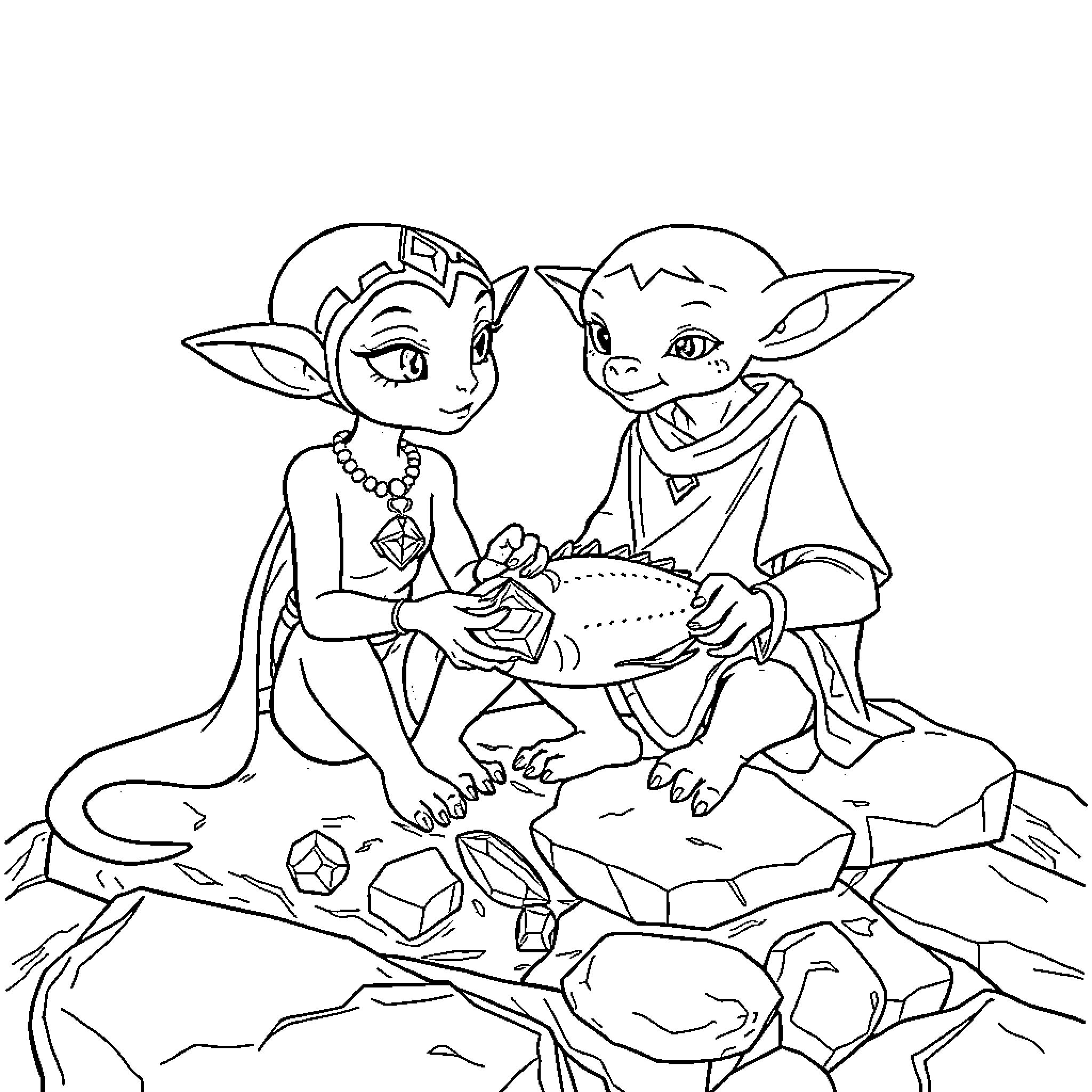 Sableye friends explore the crystal caves Coloring Page (free black-and-white line drawing printable PDF for all, from beginners to advanced learners, including children, teens, adults, and seniors)