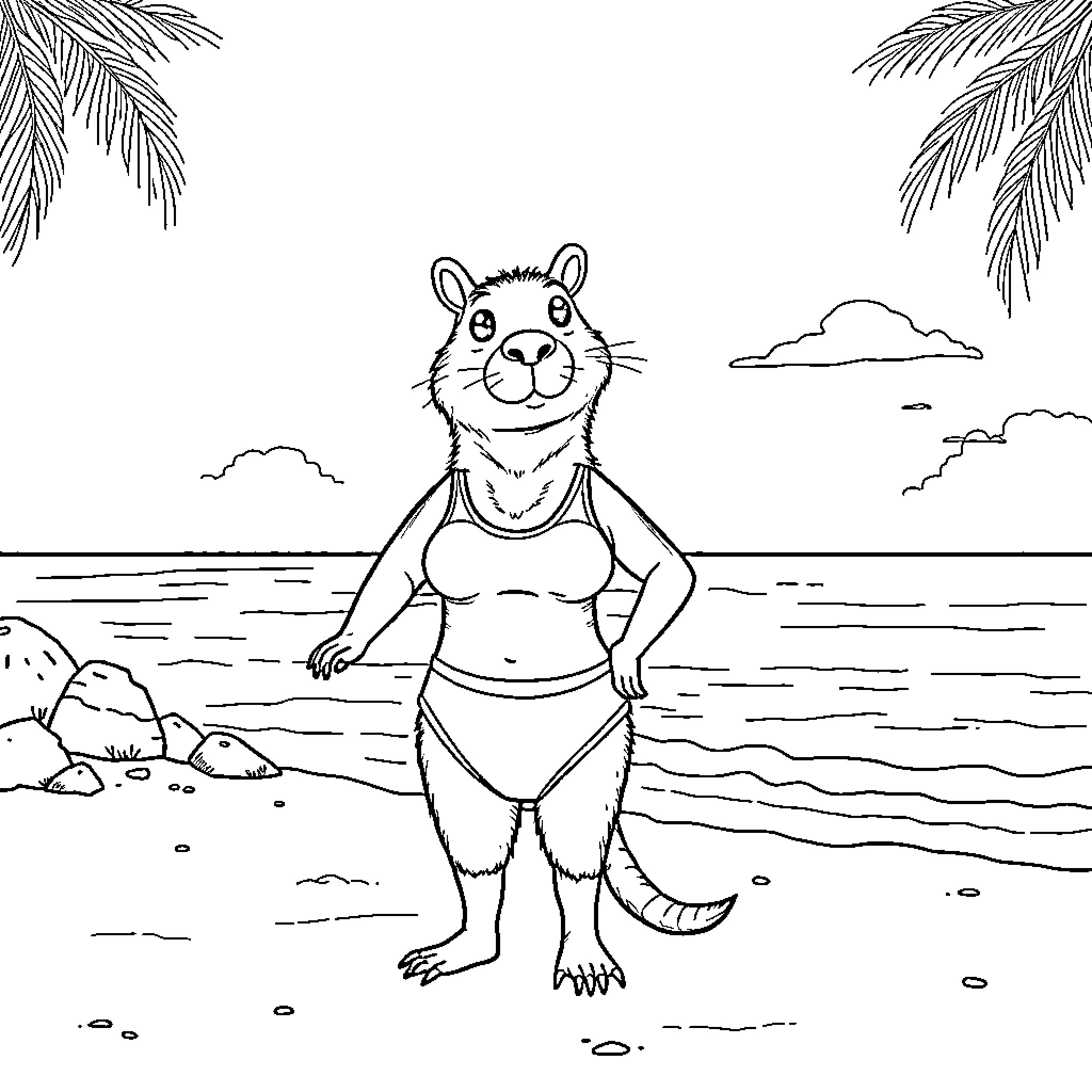 Capibara enjoying a day at the beach Coloring Page (free black-and-white line drawing printable PDF for all, from beginners to advanced learners, including children, teens, adults, and seniors)