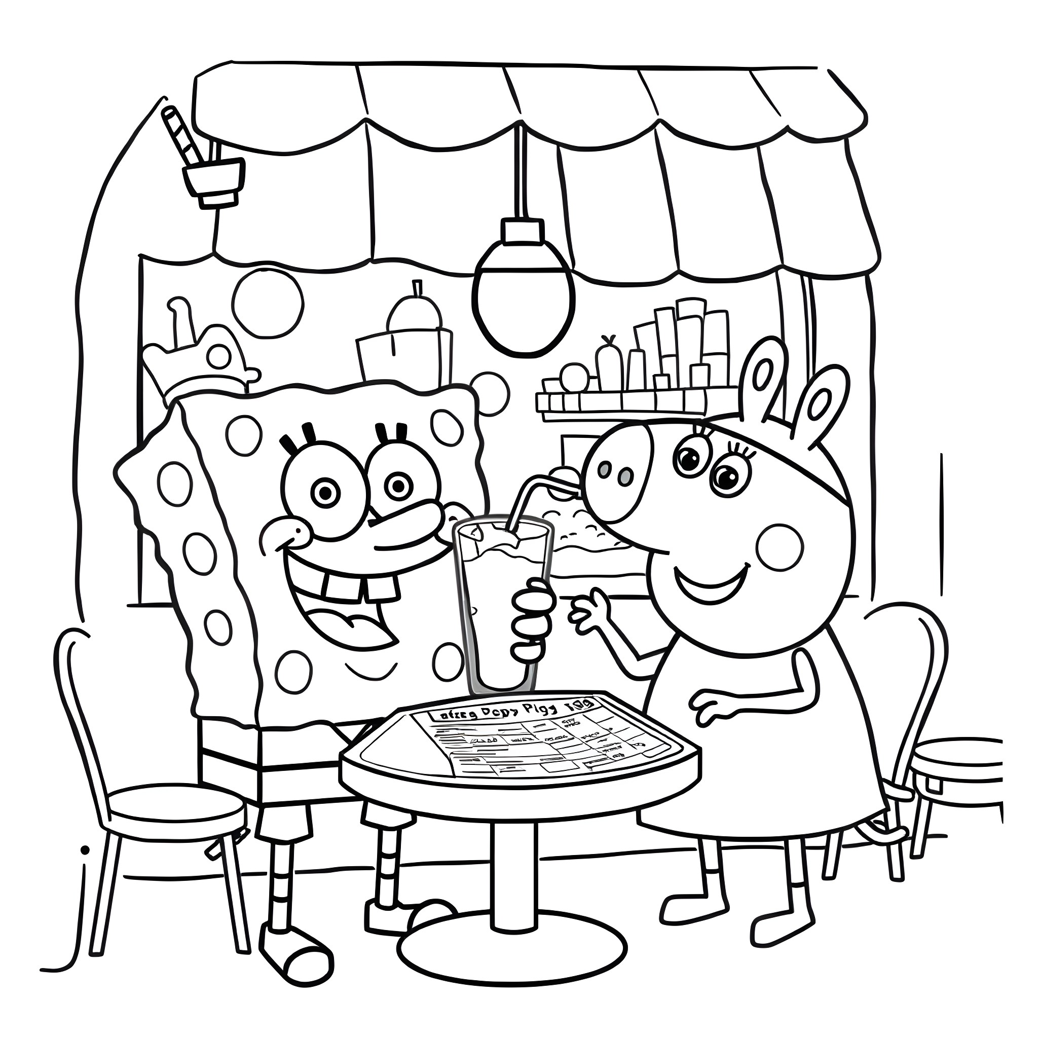 Spongebob and friends enjoying a meal at the diner Coloring Page (free black-and-white line drawing printable PDF for all, from beginners to advanced learners, including children, teens, adults, and seniors)