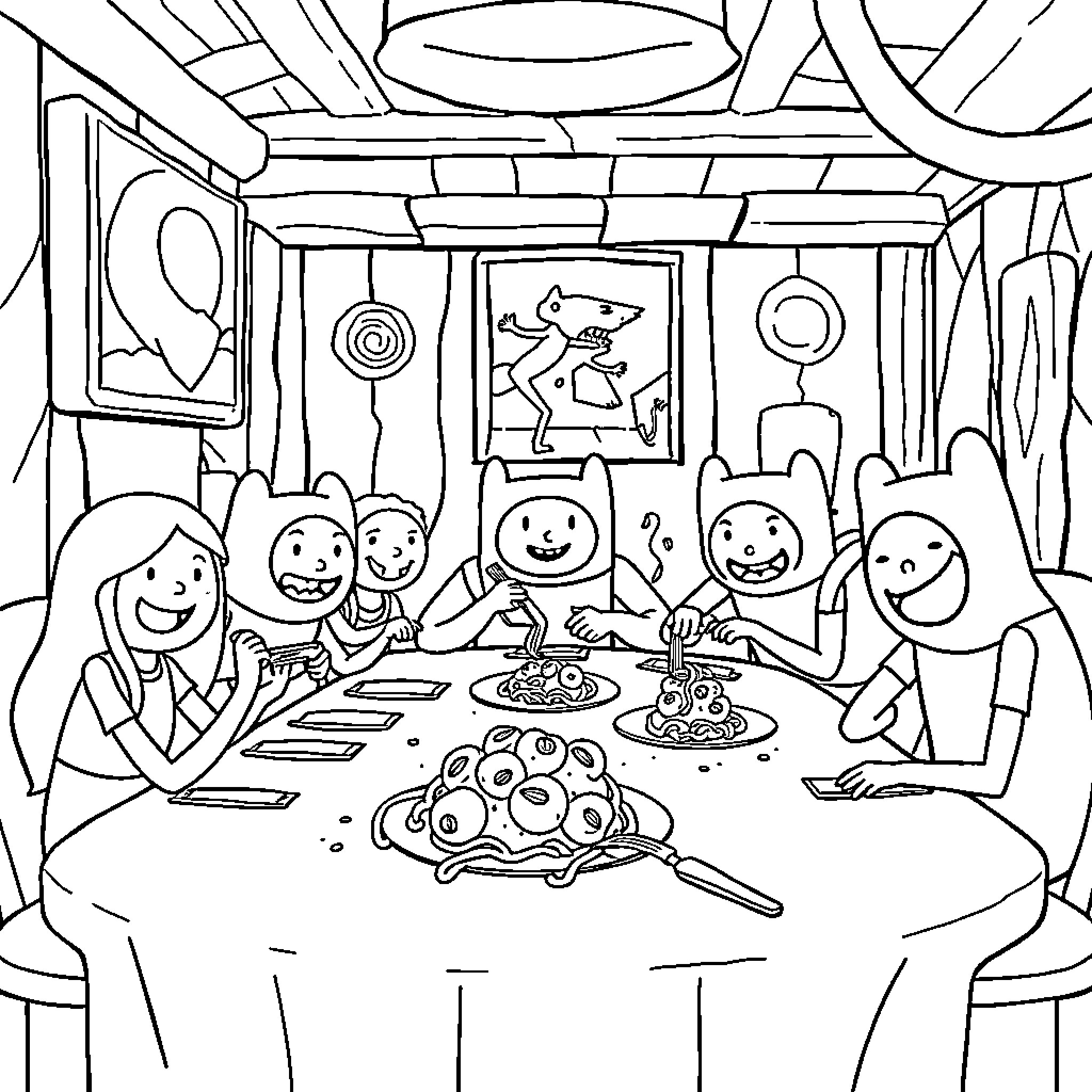 Adventure Time Cartoon Characters Enjoying a Meal Coloring Page (free black-and-white line drawing printable PDF for all, from beginners to advanced learners, including children, teens, adults, and seniors)