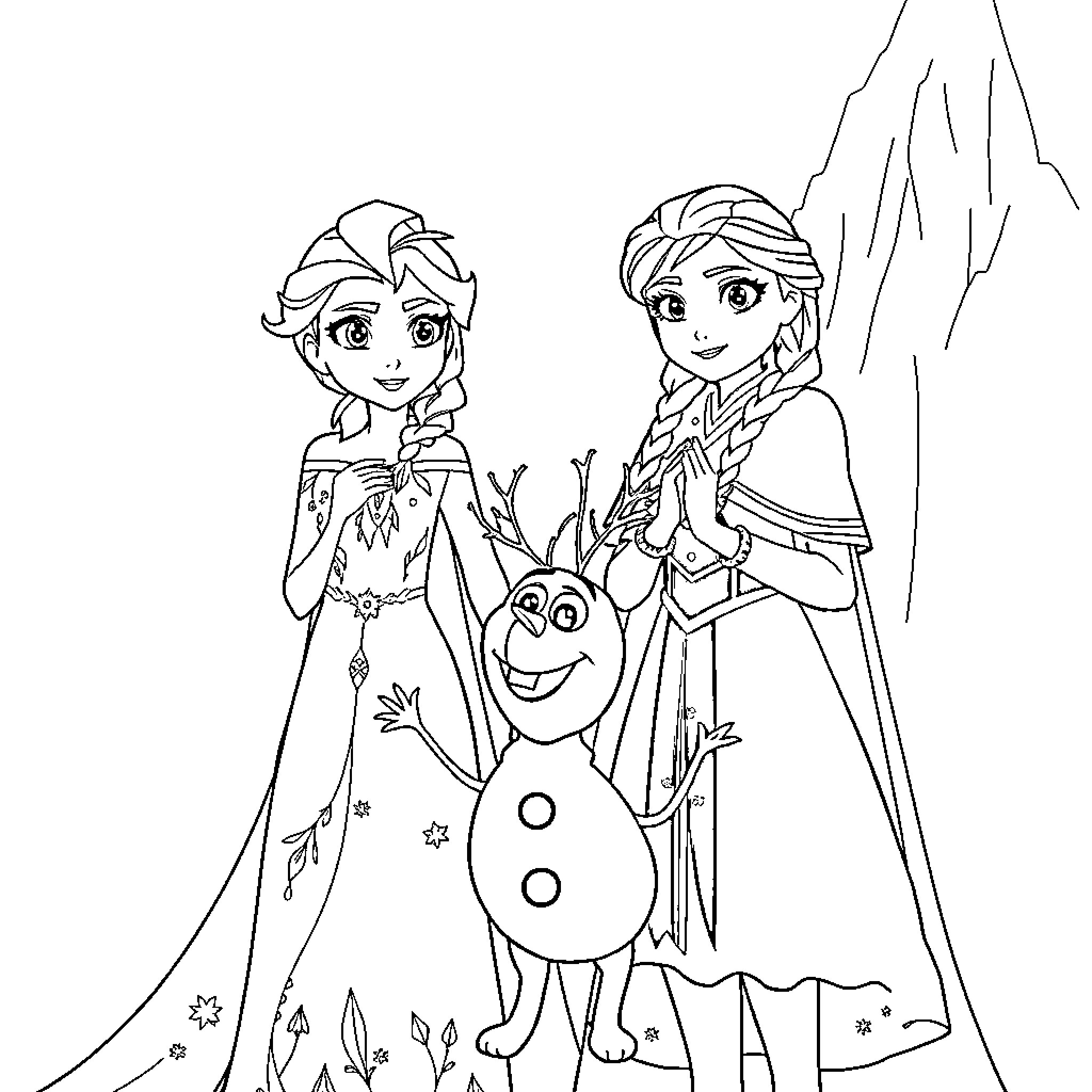 Frozen sisters and their quirky companion in the mountains Coloring Page (free black-and-white line drawing printable PDF for all, from beginners to advanced learners, including children, teens, adults, and seniors)