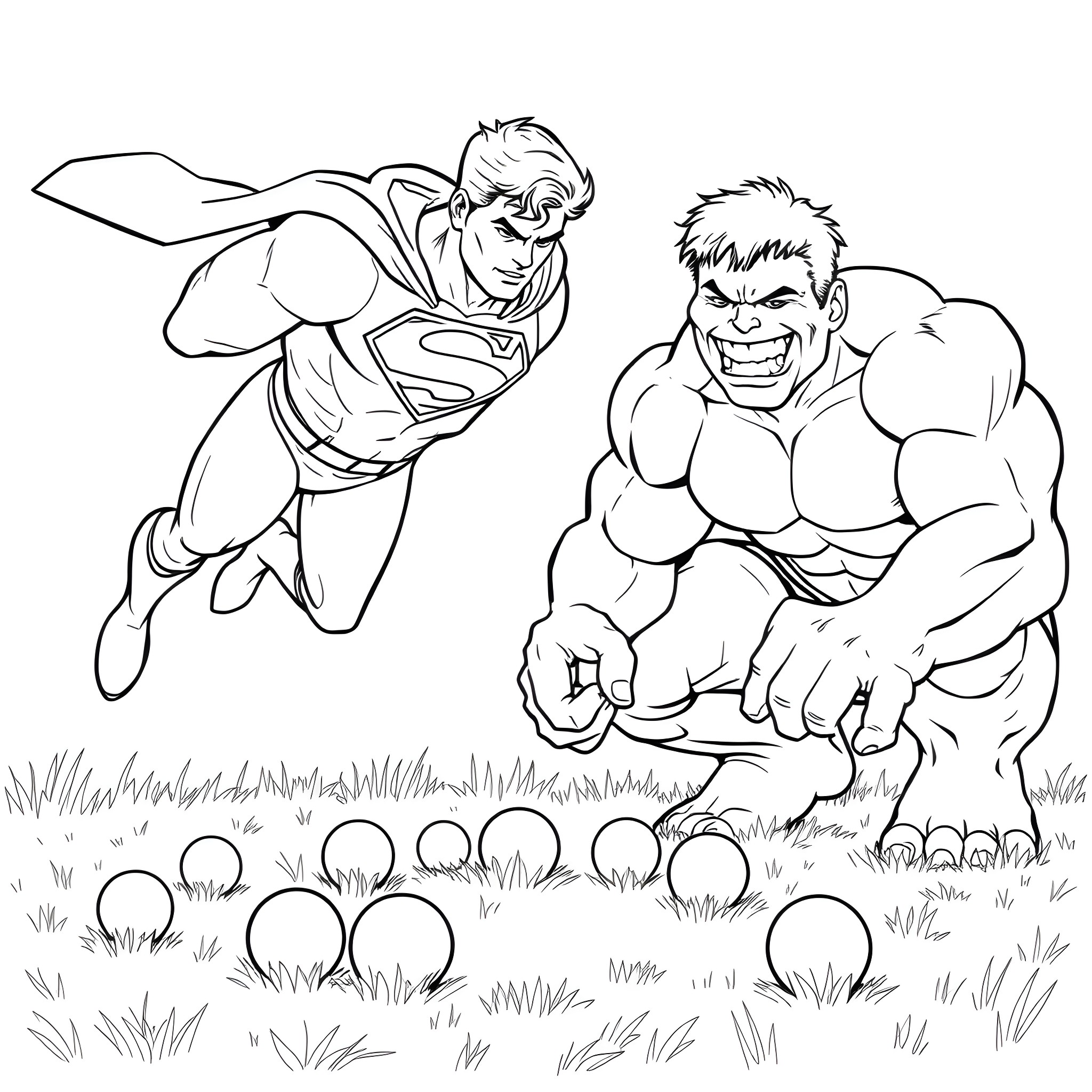Superman and Hulk action scene in the park Coloring Page (free black-and-white line drawing printable PDF for all, from beginners to advanced learners, including children, teens, adults, and seniors)