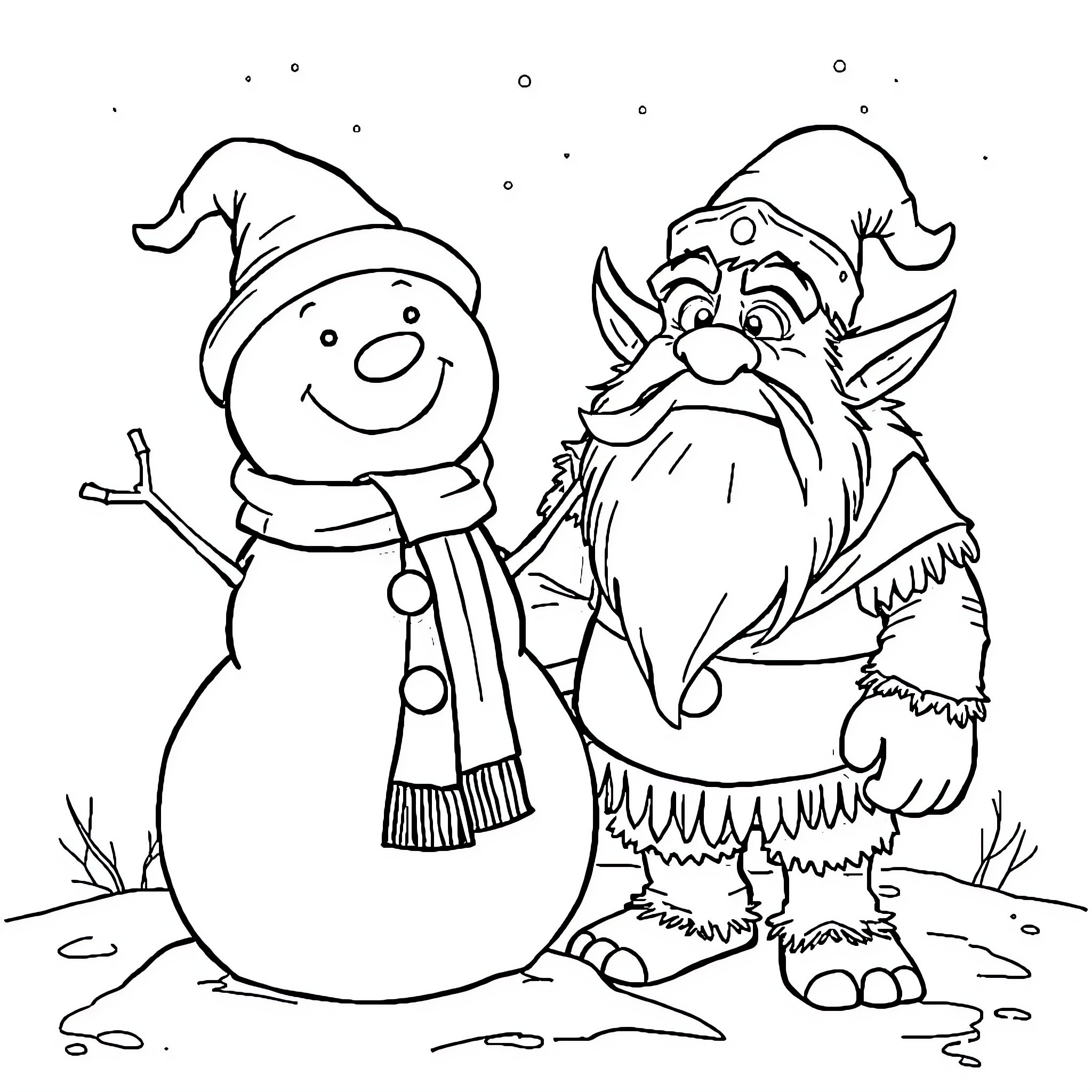 Snowman and Friendly Woodland Creature in Winter Coloring Page (free black-and-white line drawing printable PDF for all, from beginners to advanced learners, including children, teens, adults, and seniors)