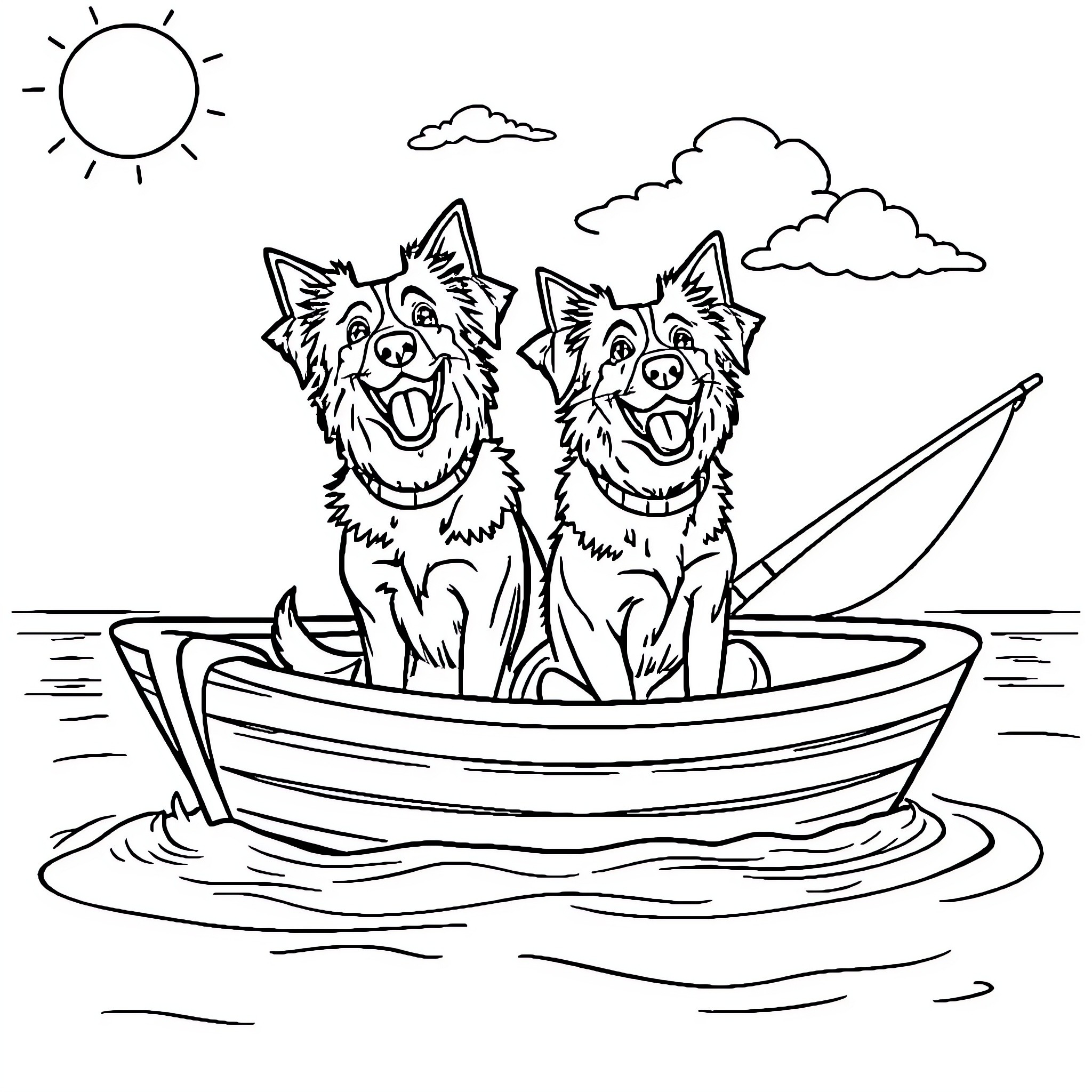 Dogs enjoying a boat ride on the water Coloring Page (free black-and-white line drawing printable PDF for all, from beginners to advanced learners, including children, teens, adults, and seniors)