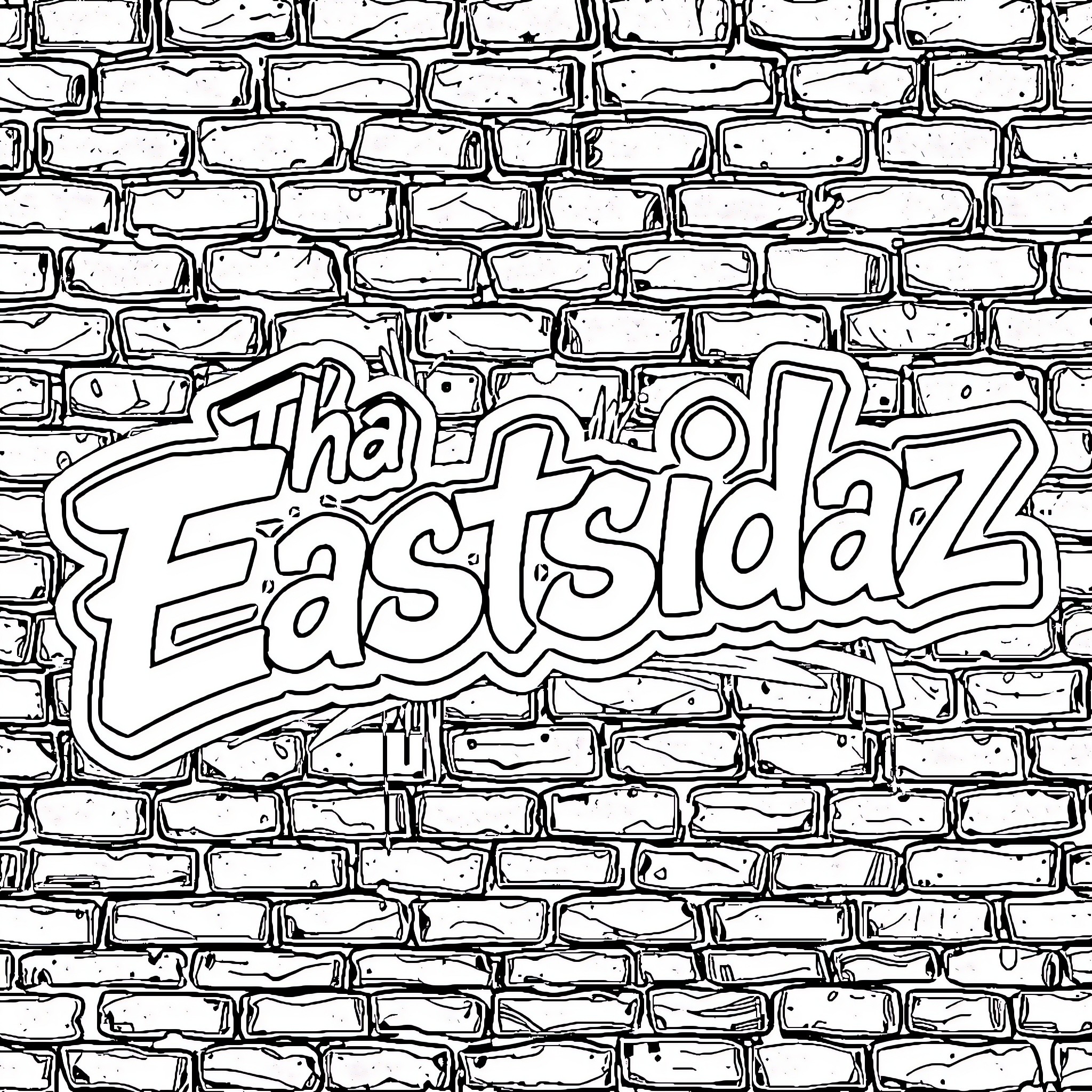Graffiti text on a brick wall Coloring Page (free black-and-white line drawing printable PDF for all, from beginners to advanced learners, including children, teens, adults, and seniors)