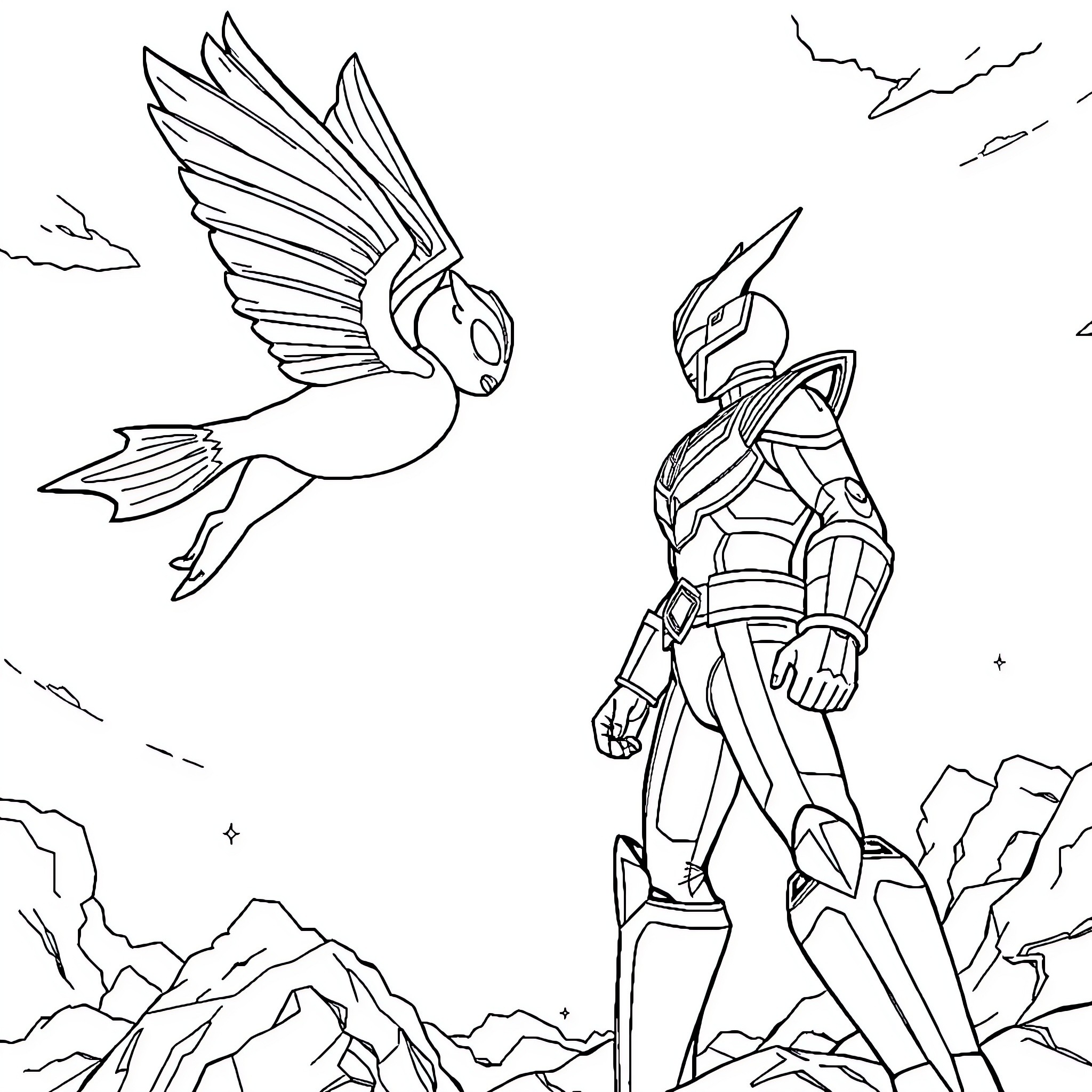Monster hero battles a mighty winged creature Coloring Page (free black-and-white line drawing printable PDF for all, from beginners to advanced learners, including children, teens, adults, and seniors)