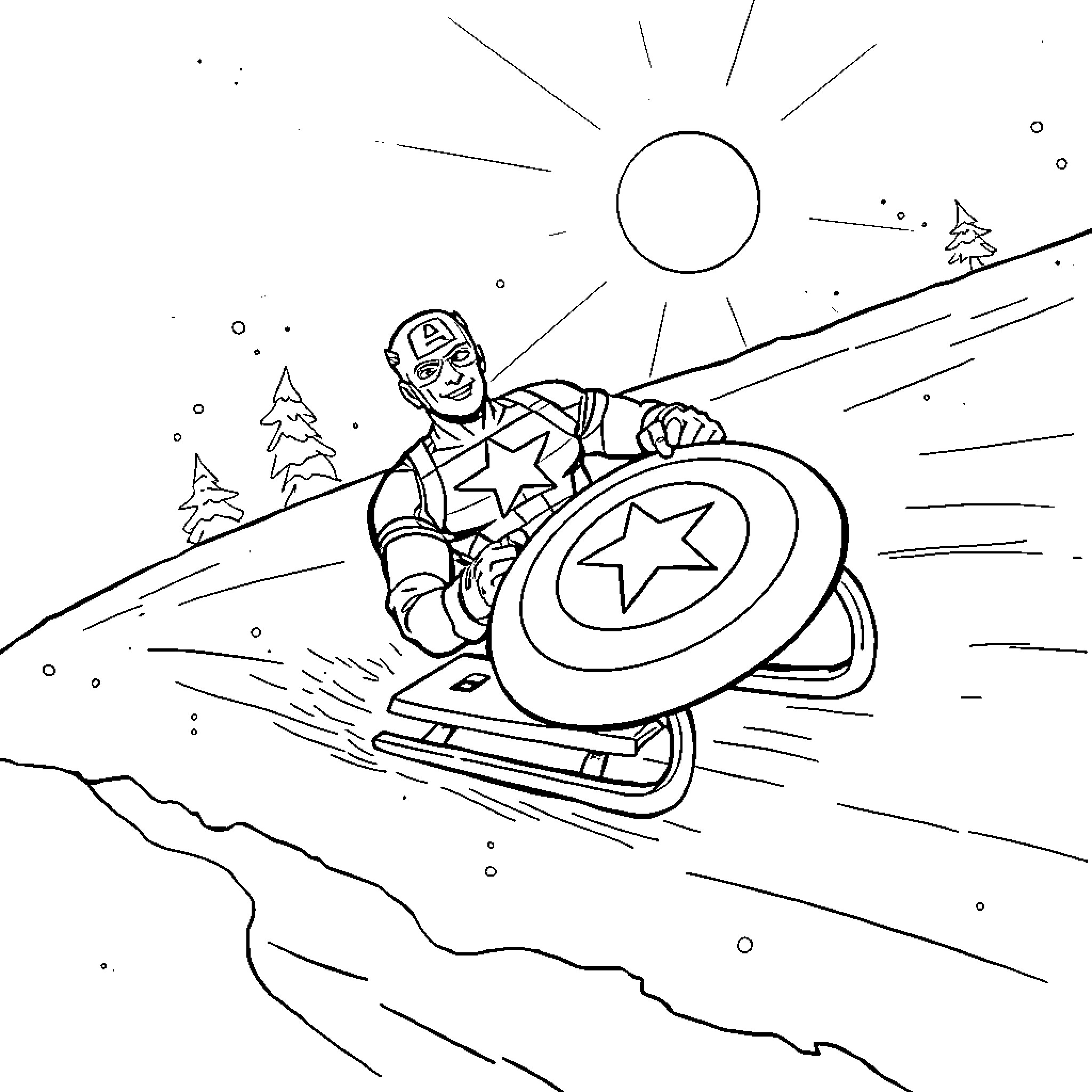 Captain America sledding through the winter landscape Coloring Page (free black-and-white line drawing printable PDF for all, from beginners to advanced learners, including children, teens, adults, and seniors)