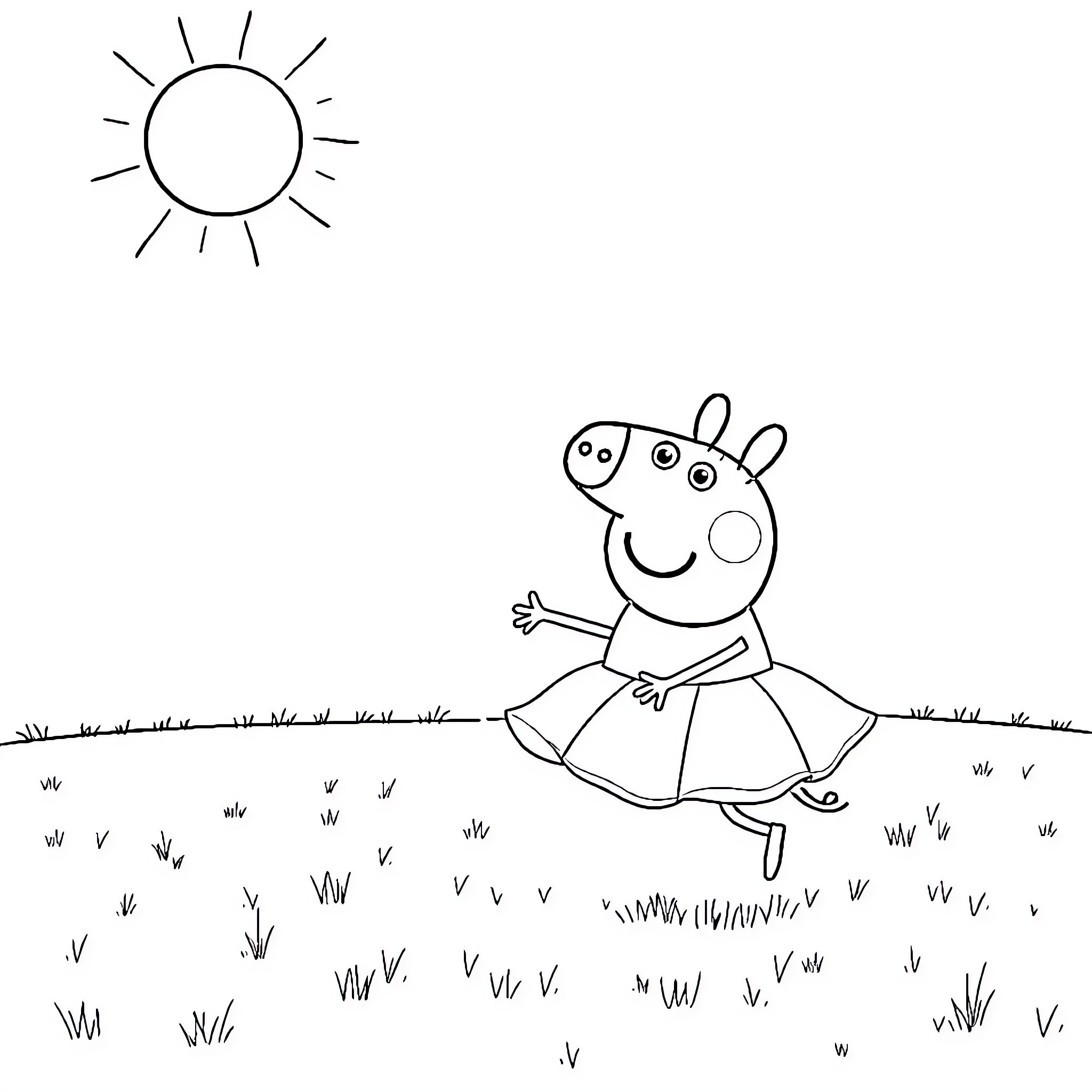 Peppa Pig joyfully dancing in the sunlit meadow Coloring Page (free black-and-white line drawing printable PDF for all, from beginners to advanced learners, including children, teens, adults, and seniors)