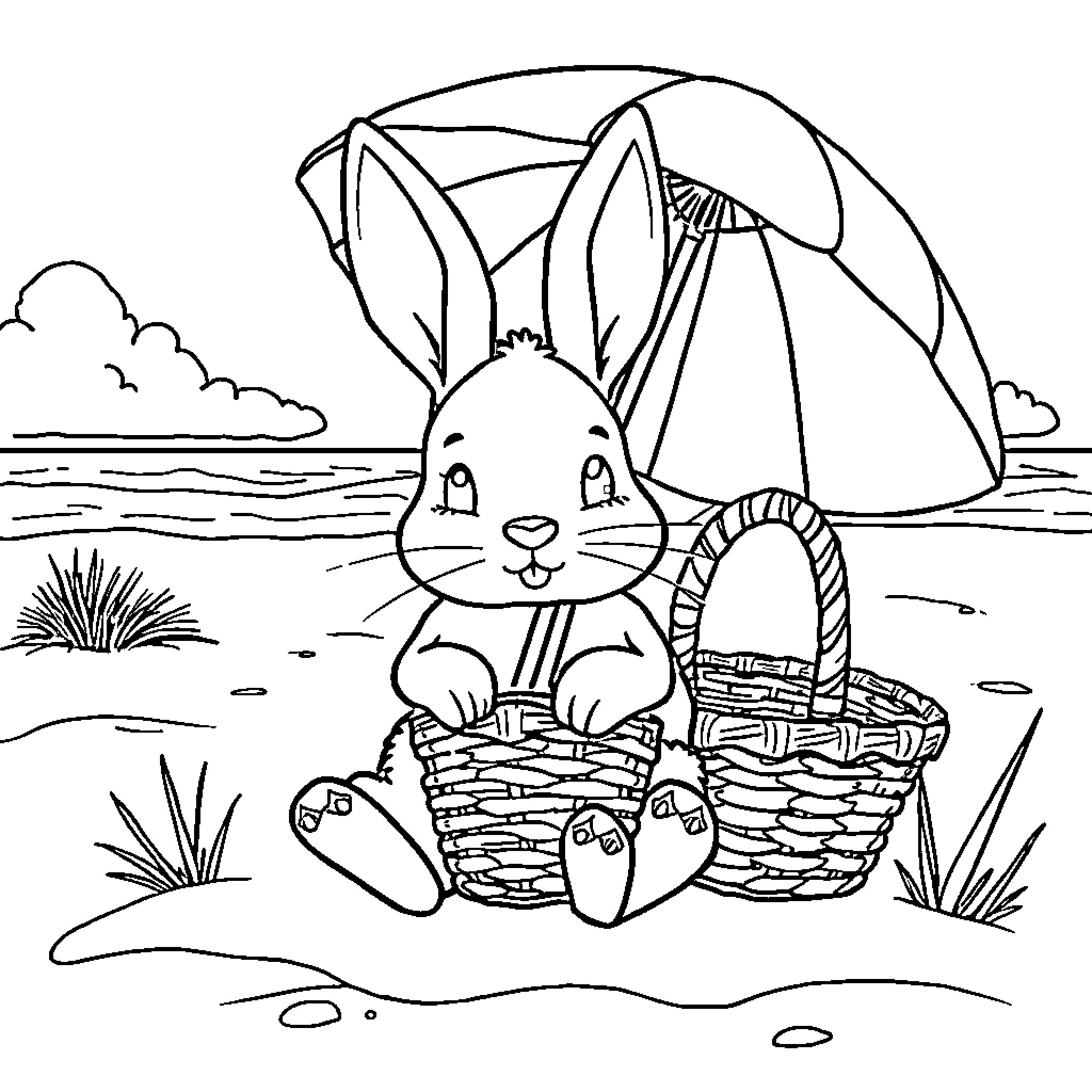 Bunny enjoying a beach picnic Coloring Page (free black-and-white line drawing printable PDF for all, from beginners to advanced learners, including children, teens, adults, and seniors)