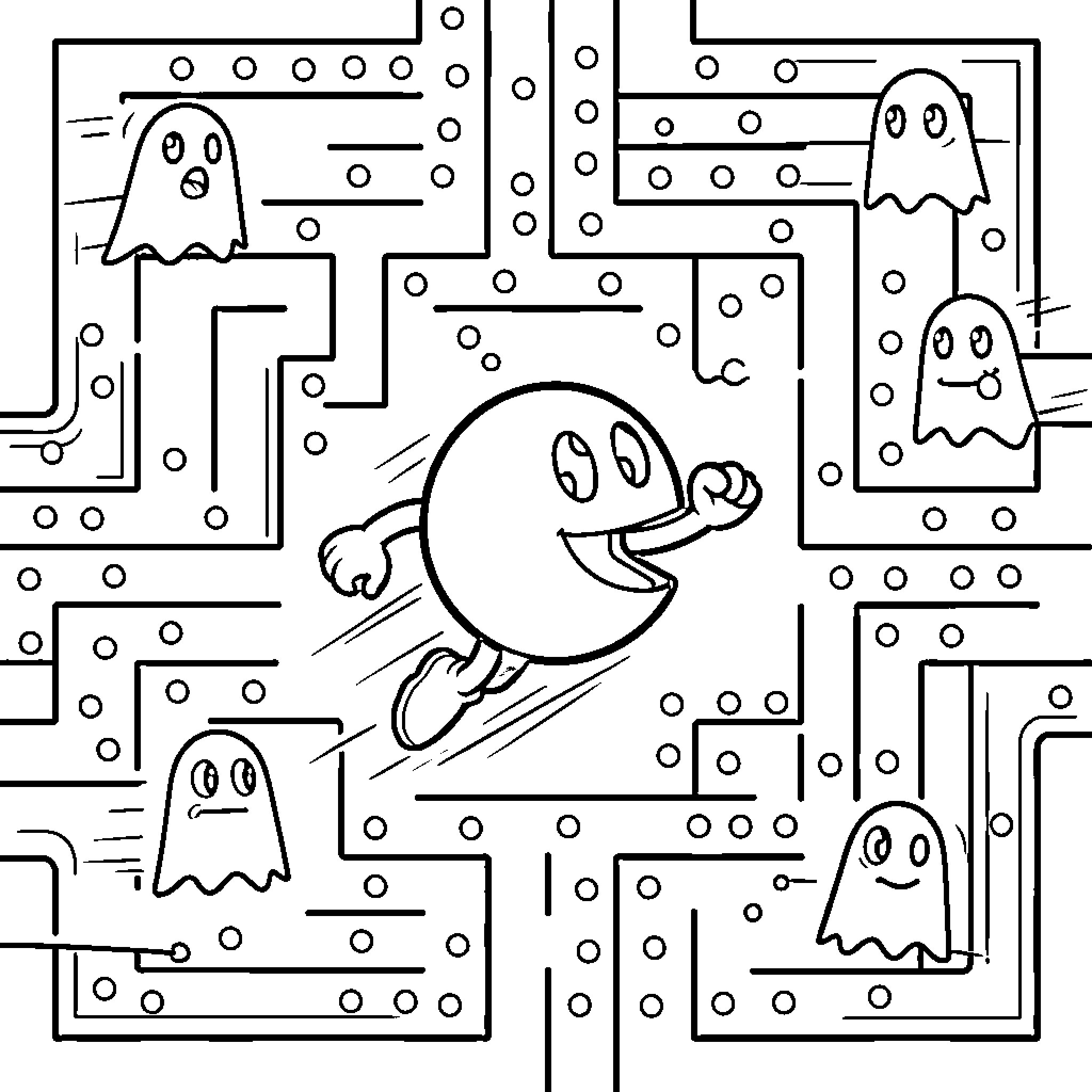 Pacman running through a maze chasing ghosts Coloring Page (free black-and-white line drawing printable PDF for all, from beginners to advanced learners, including children, teens, adults, and seniors)