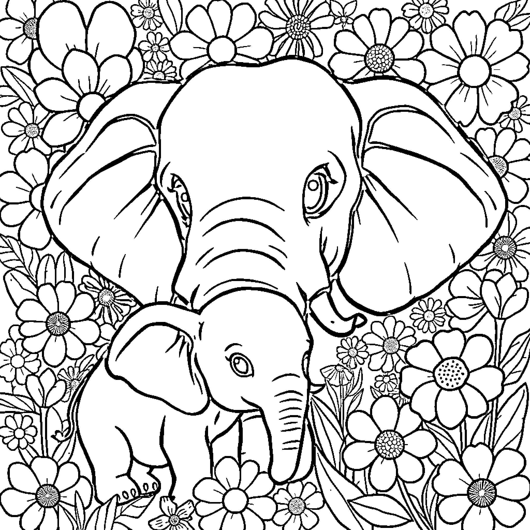 Elephant and baby elephant in flower field Coloring Page (free black-and-white line drawing printable PDF for all, from beginners to advanced learners, including children, teens, adults, and seniors)