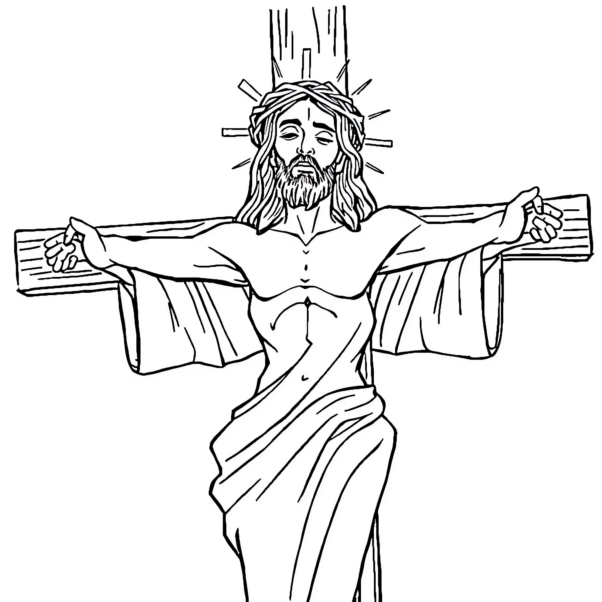 Jesus Christ crucified with outstretched arms Coloring Page (free black-and-white line drawing printable PDF for all, from beginners to advanced learners, including children, teens, adults, and seniors)