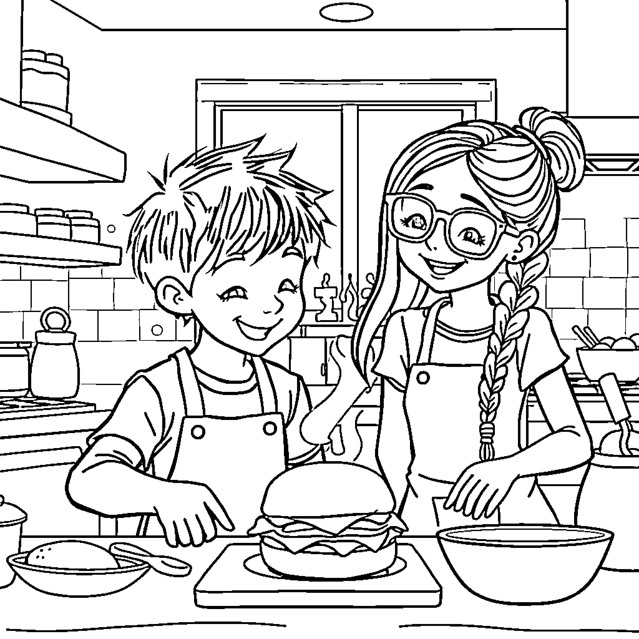 Children Preparing a Meal Together in the Kitchen Coloring Page (free black-and-white line drawing printable PDF for all, from beginners to advanced learners, including children, teens, adults, and seniors)