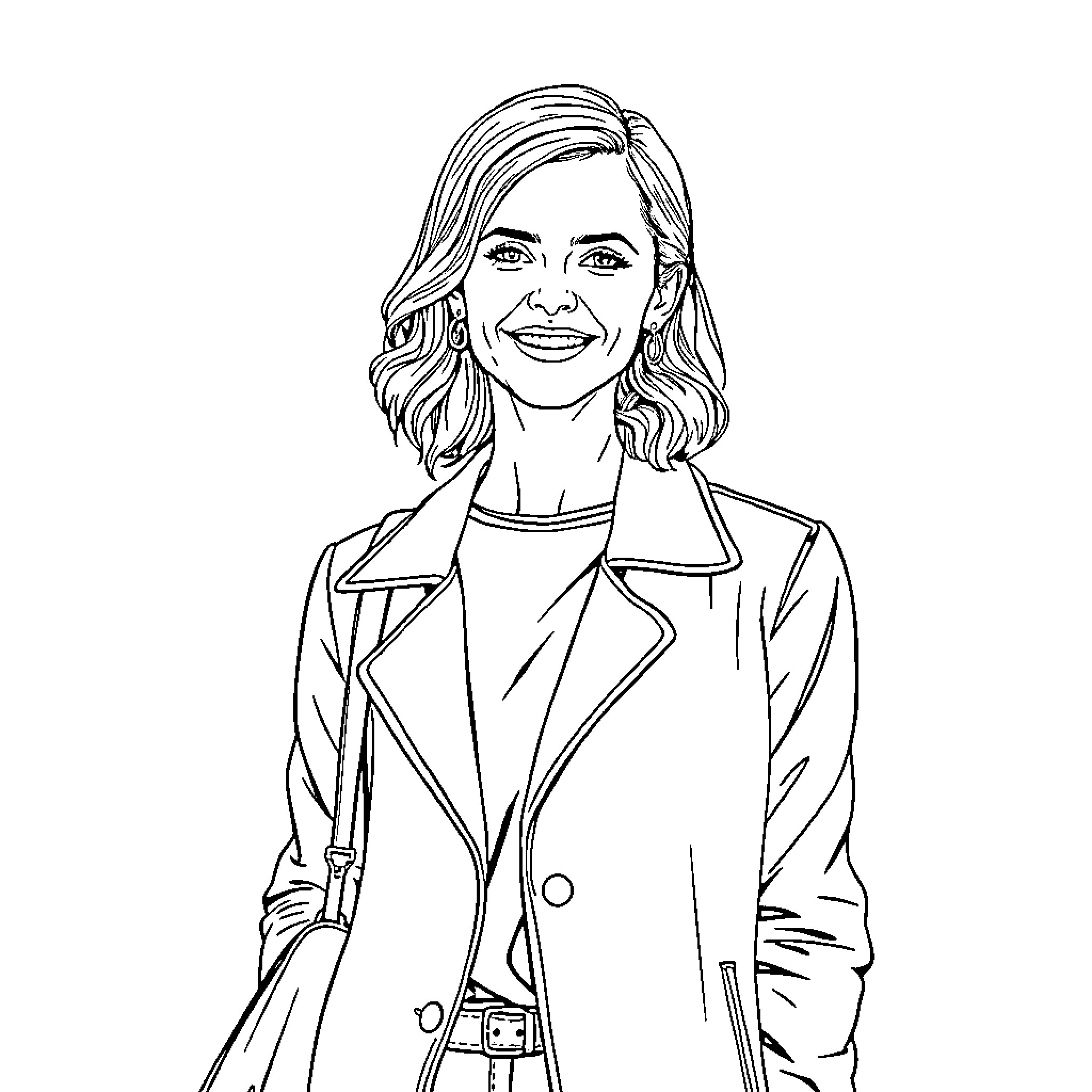 Emma Watson smiling in a casual outfit Coloring Page (free black-and-white line drawing printable PDF for all, from beginners to advanced learners, including children, teens, adults, and seniors)