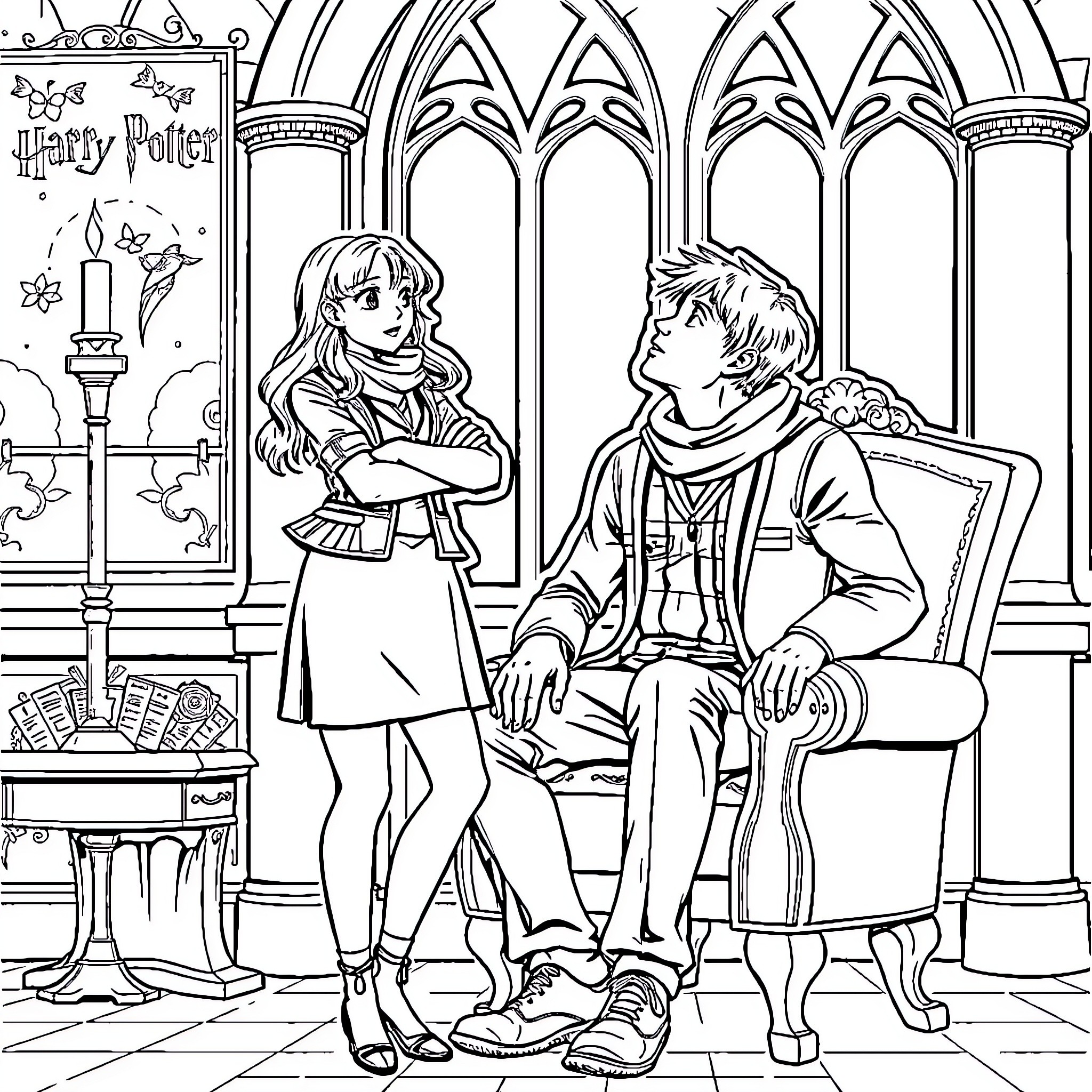 Hermione and Ron in a Magical Library Setting Coloring Page (free black-and-white line drawing printable PDF for all, from beginners to advanced learners, including children, teens, adults, and seniors)