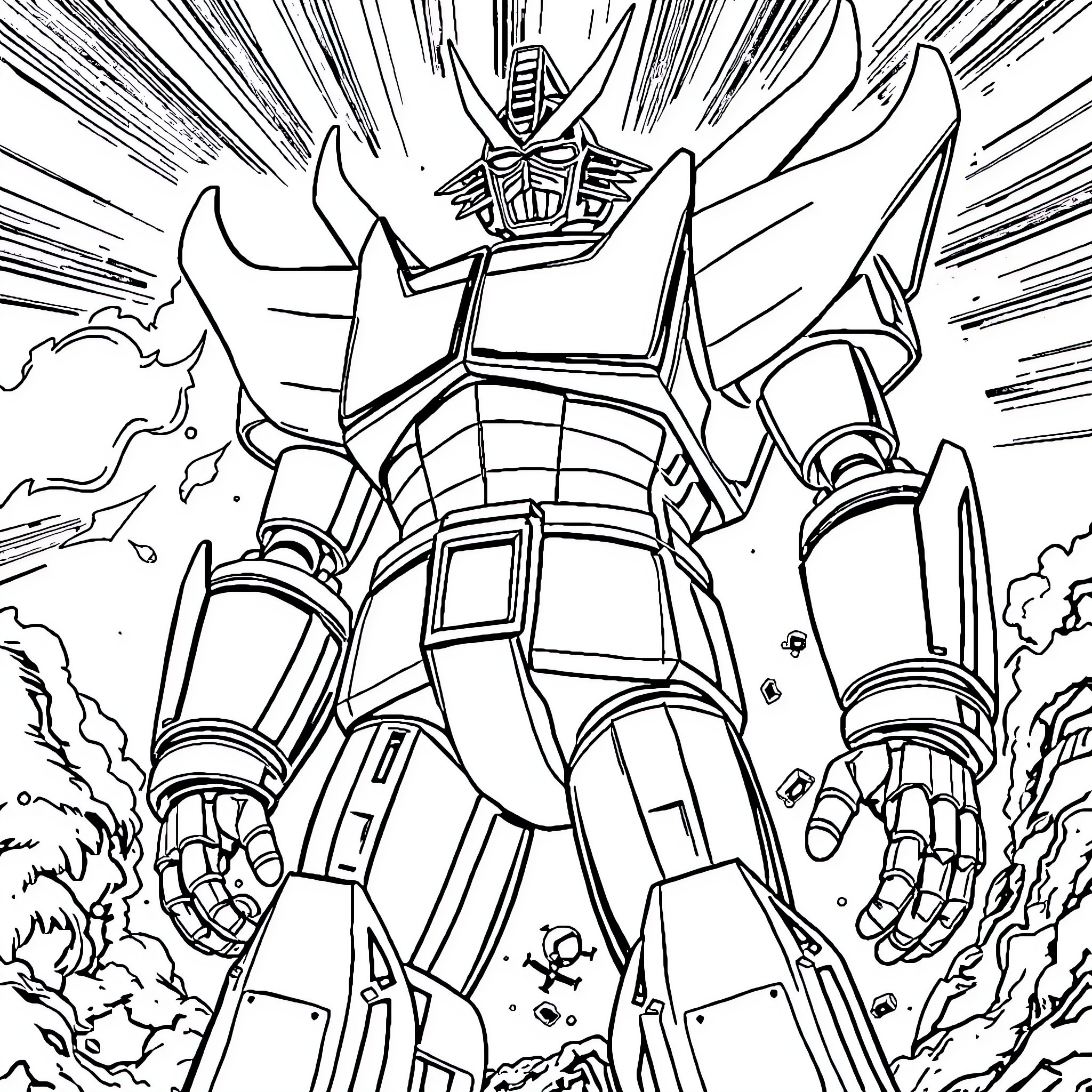 Mazinger Z in Dramatic Battle Pose Coloring Page (free black-and-white line drawing printable PDF for all, from beginners to advanced learners, including children, teens, adults, and seniors)