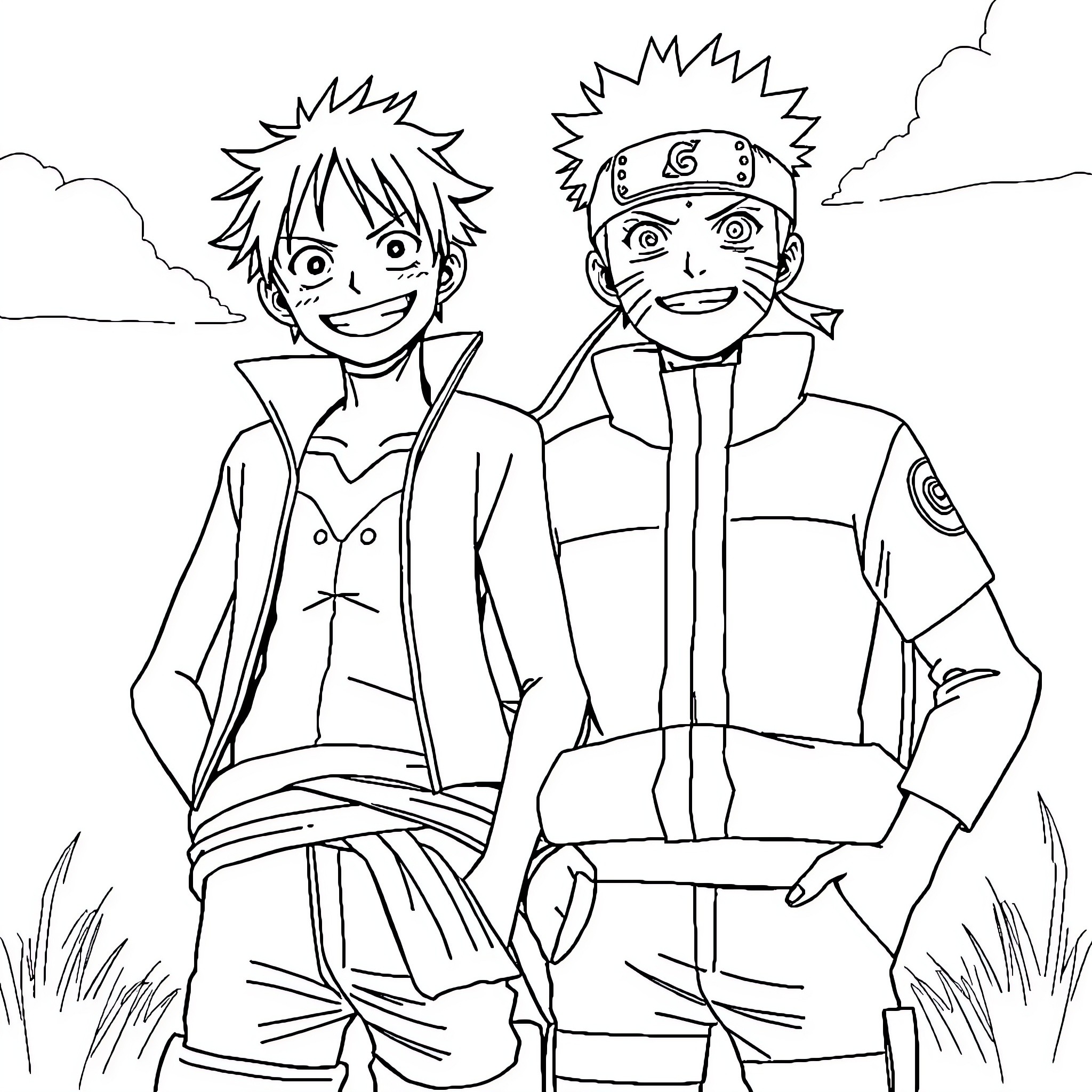 Luffy and Naruto Excited Adventure Duo Coloring Page (free black-and-white line drawing printable PDF for all, from beginners to advanced learners, including children, teens, adults, and seniors)