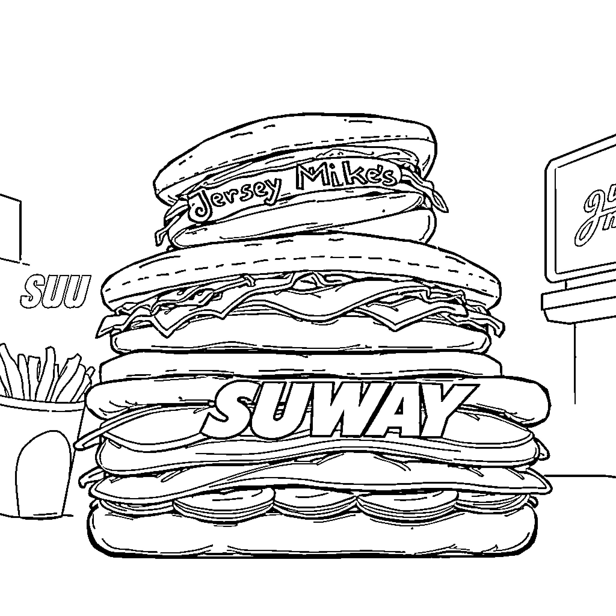 Sandwich stacked high with delicious layers Coloring Page (free black-and-white line drawing printable PDF for all, from beginners to advanced learners, including children, teens, adults, and seniors)
