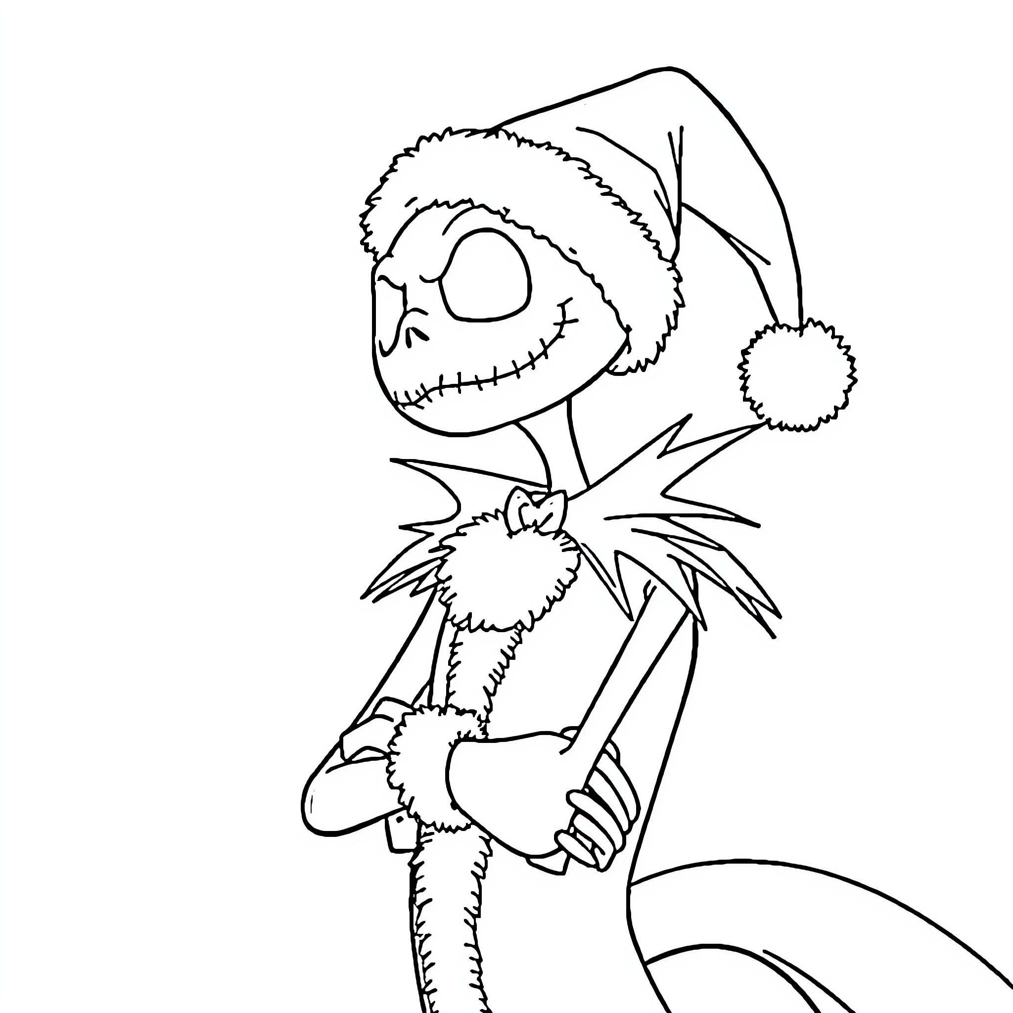 Jack Skellington in Santa outfit posing Coloring Page (free black-and-white line drawing printable PDF for all, from beginners to advanced learners, including children, teens, adults, and seniors)