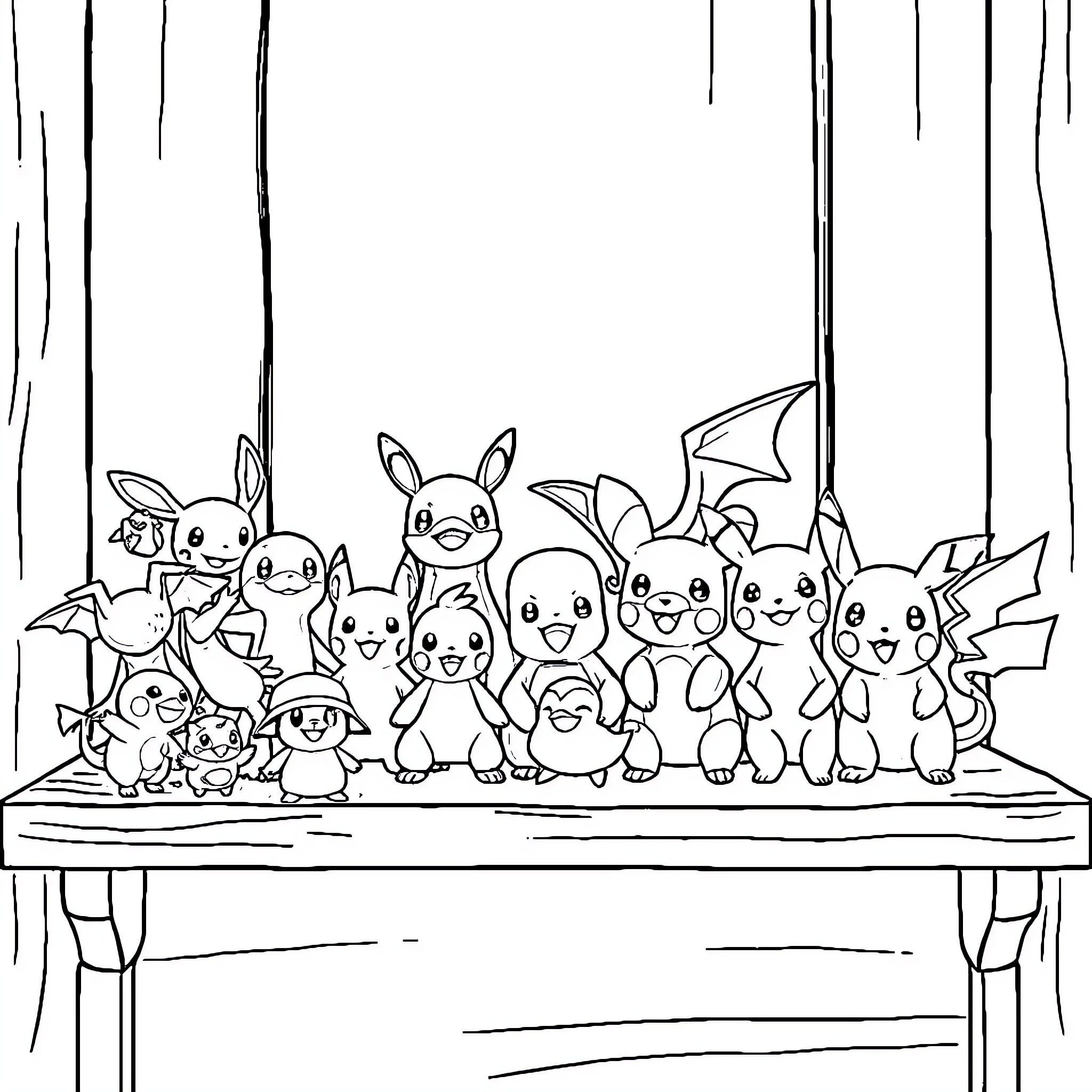 Pokémon characters gathered on a table Coloring Page (free black-and-white line drawing printable PDF for all, from beginners to advanced learners, including children, teens, adults, and seniors)