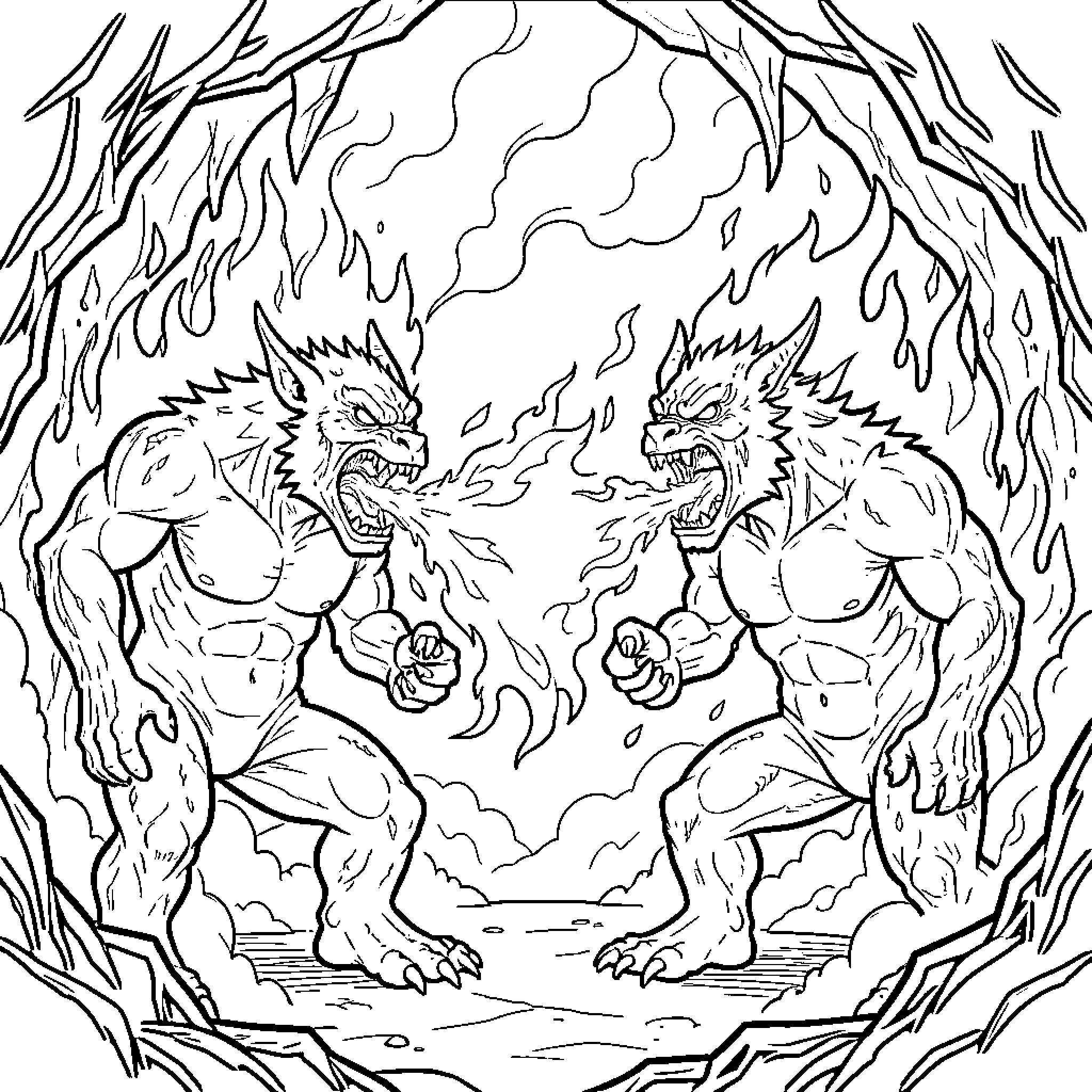 Fire Monster creatures battling and breathing flames Coloring Page (free black-and-white line drawing printable PDF for all, from beginners to advanced learners, including children, teens, adults, and seniors)