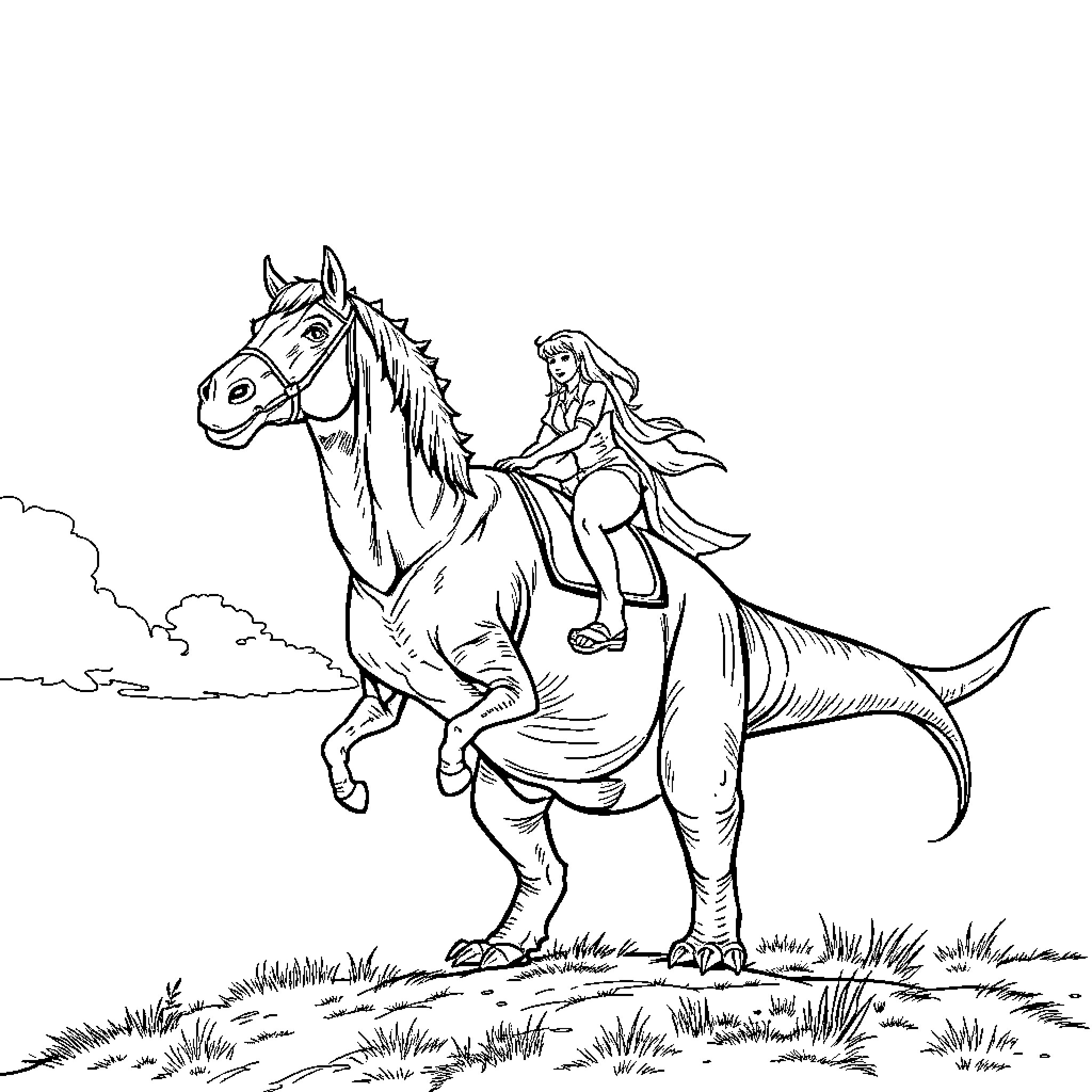 Horse and Rider in Grassland Adventure Coloring Page (free black-and-white line drawing printable PDF for all, from beginners to advanced learners, including children, teens, adults, and seniors)