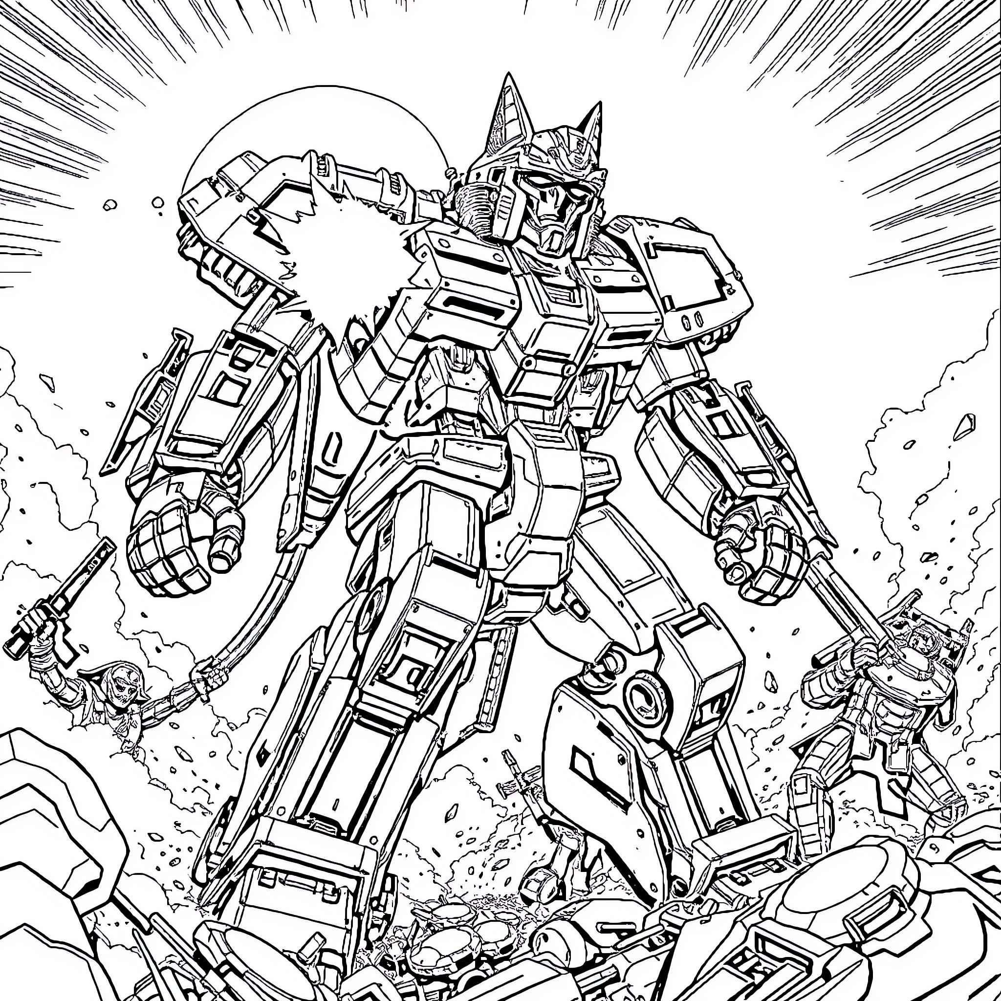 Mecha Timberwolf's Heroic Battle Stance Coloring Page (free black-and-white line drawing printable PDF for all, from beginners to advanced learners, including children, teens, adults, and seniors)