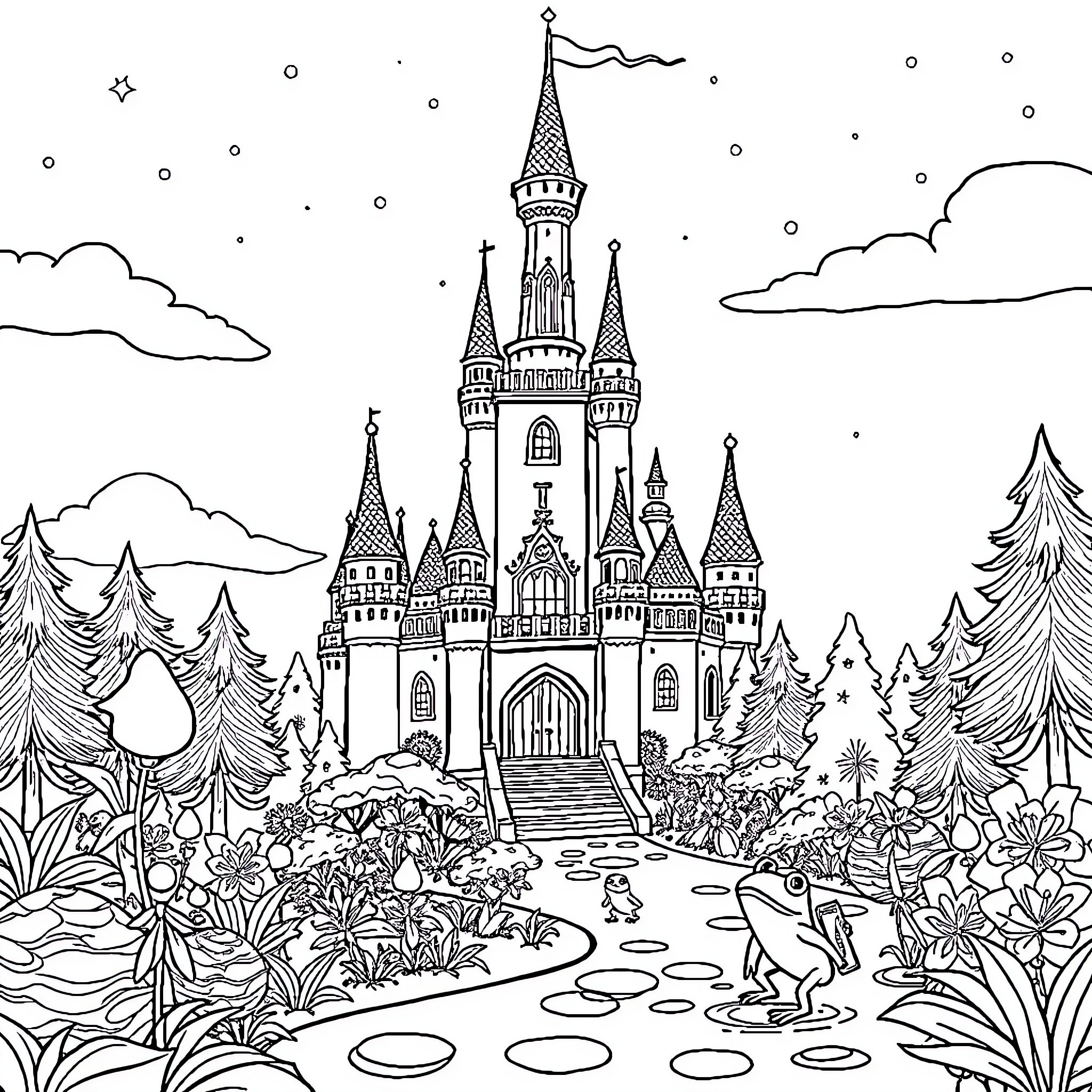 Castle with Ornate Towers and Lush Forest Surroundings Coloring Page (free black-and-white line drawing printable PDF for all, from beginners to advanced learners, including children, teens, adults, and seniors)