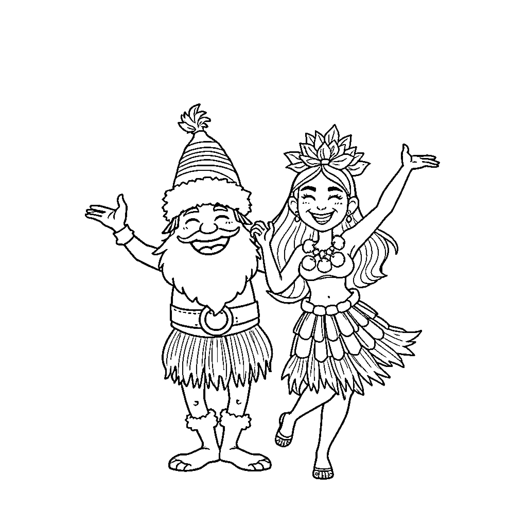 Santa and Tropical Festival Dancer Celebrating Together Coloring Page (free black-and-white line drawing printable PDF for all, from beginners to advanced learners, including children, teens, adults, and seniors)