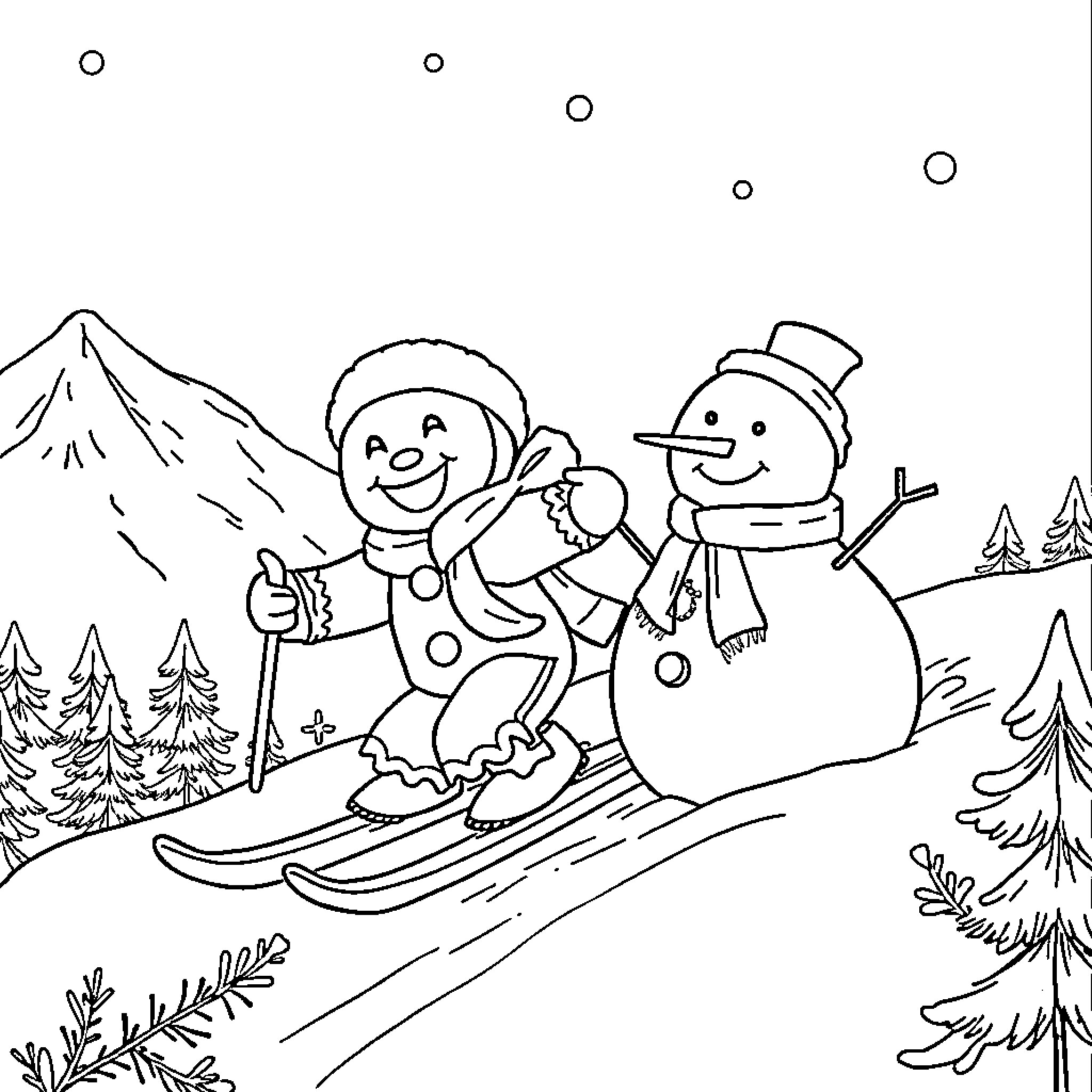 Gingerbread Man skiing with friendly snowman in snowy landscape Coloring Page (free black-and-white line drawing printable PDF for all, from beginners to advanced learners, including children, teens, adults, and seniors)