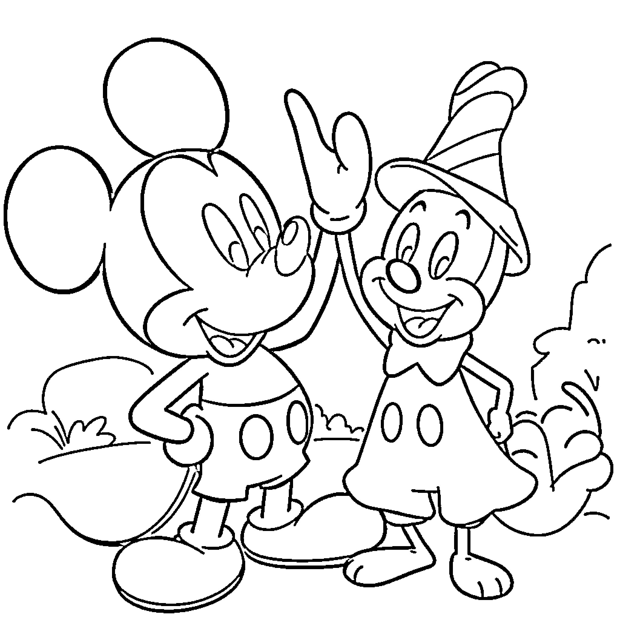 Mickey Mouse and Minnie Mouse in playful poses Coloring Page (free black-and-white line drawing printable PDF for all, from beginners to advanced learners, including children, teens, adults, and seniors)