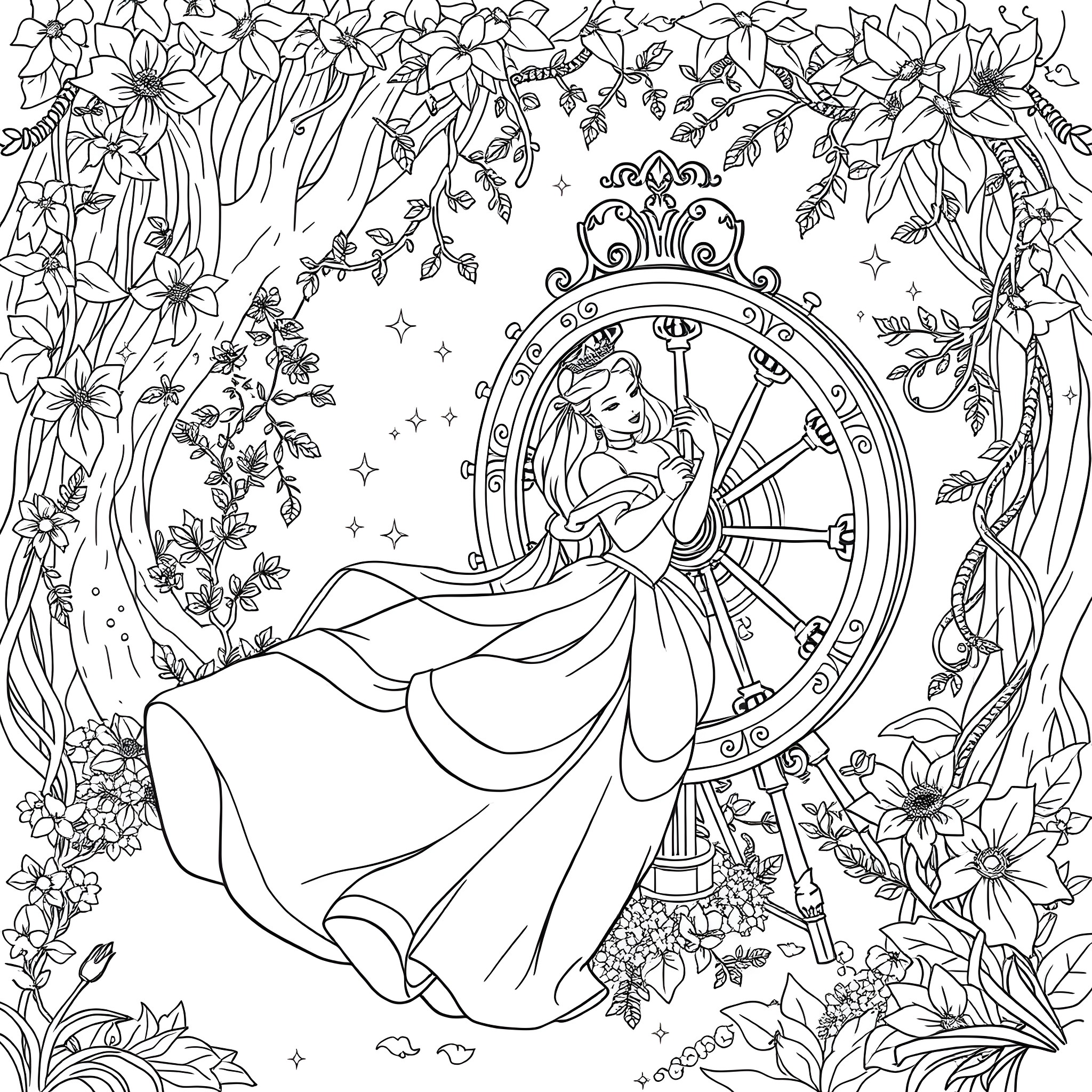 Sleeping Beauty in a floral enchanted forest Coloring Page (free black-and-white line drawing printable PDF for all, from beginners to advanced learners, including children, teens, adults, and seniors)