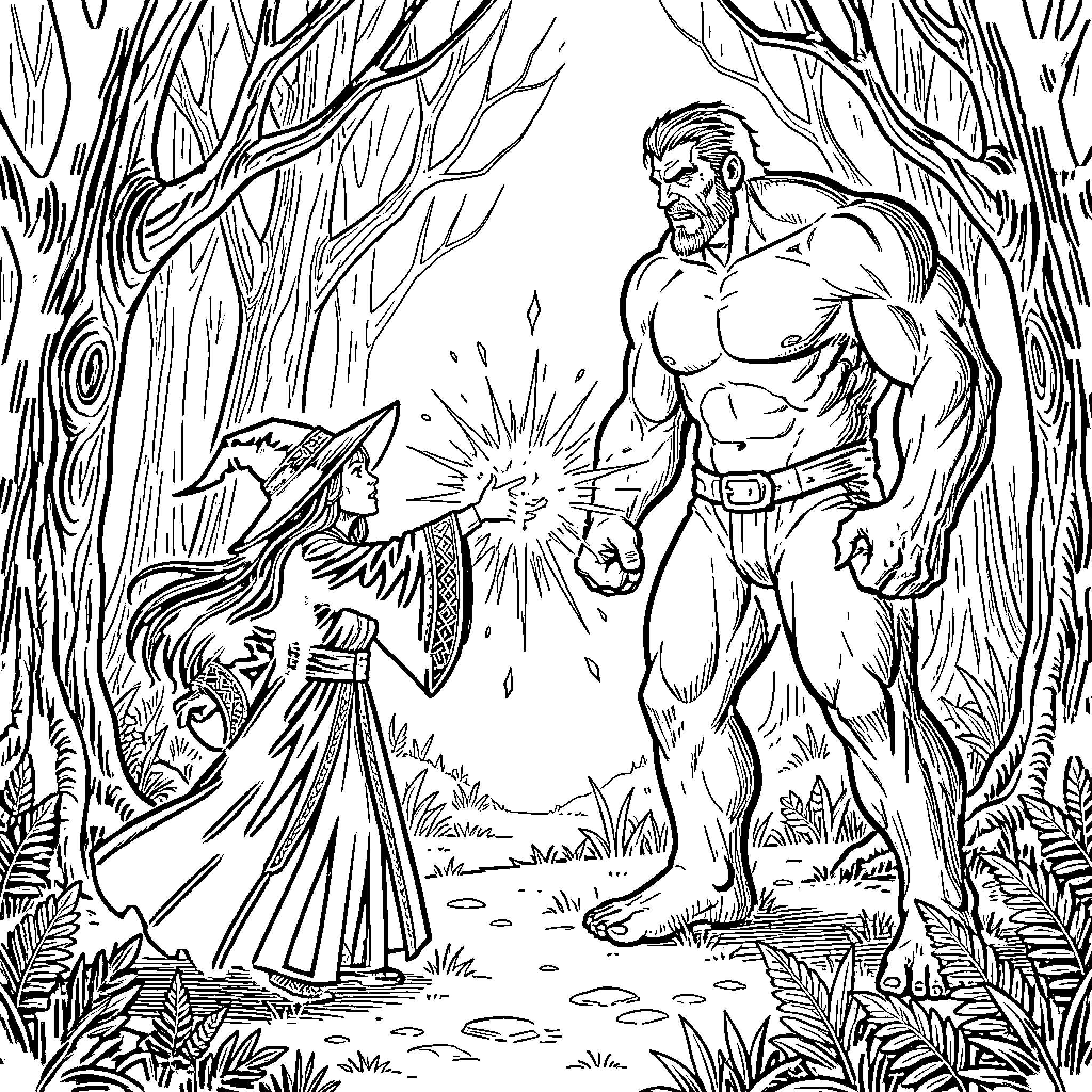 Sorceress casting a spell on a muscular giant Coloring Page (free black-and-white line drawing printable PDF for all, from beginners to advanced learners, including children, teens, adults, and seniors)