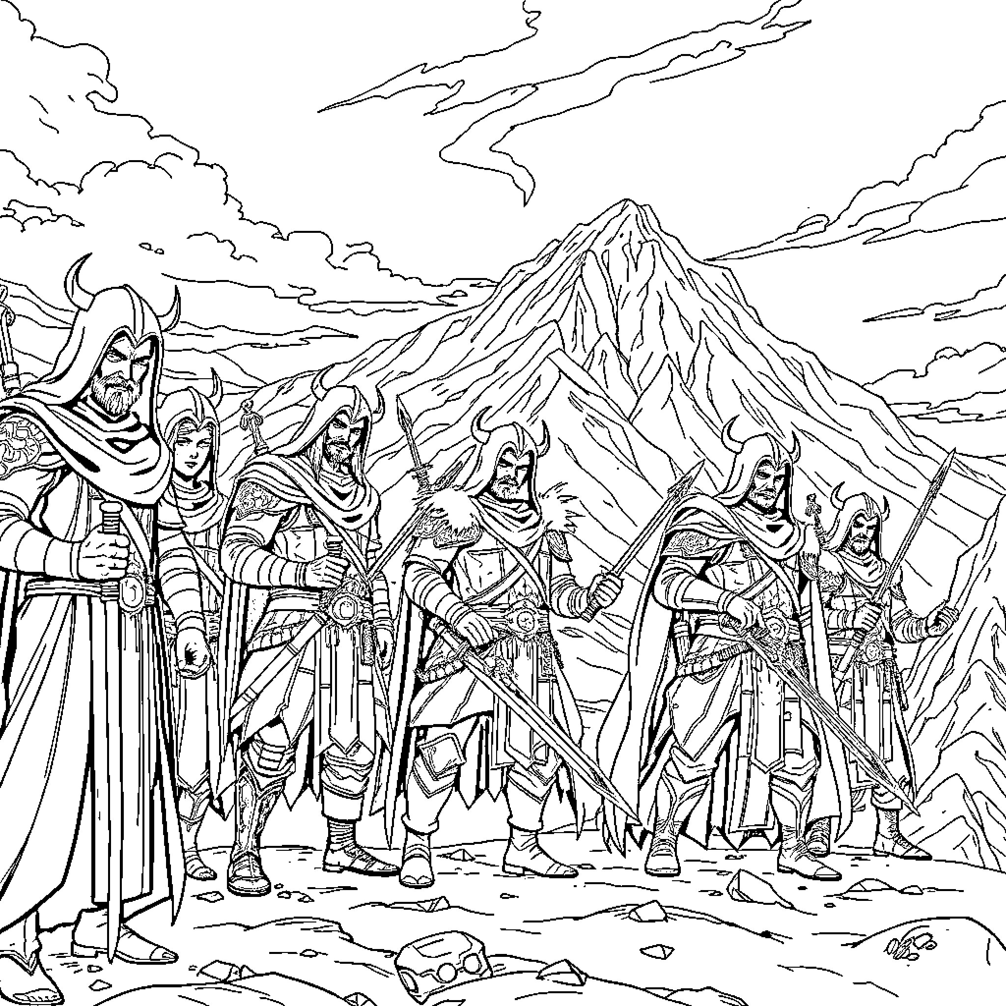 Demon Slayer Characters in a Rugged Mountainous Landscape Coloring Page (free black-and-white line drawing printable PDF for all, from beginners to advanced learners, including children, teens, adults, and seniors)
