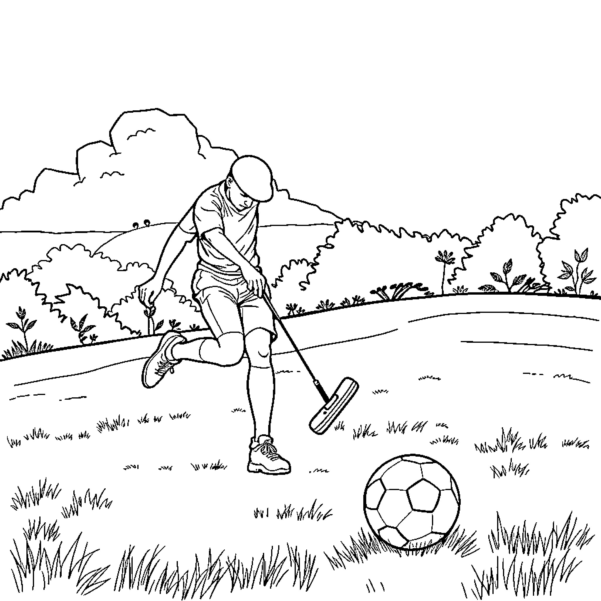 Golf player kicking soccer ball in outdoor field Coloring Page (free black-and-white line drawing printable PDF for all, from beginners to advanced learners, including children, teens, adults, and seniors)