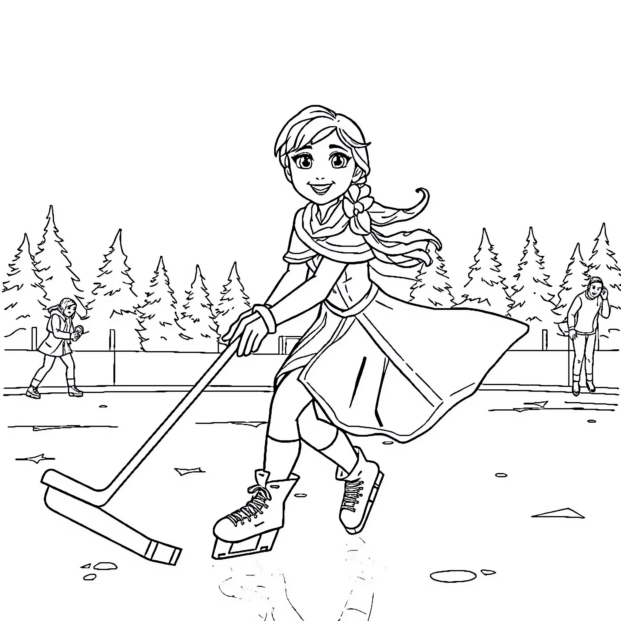 Anna enjoying ice skating in the winter wonderland Coloring Page (free black-and-white line drawing printable PDF for all, from beginners to advanced learners, including children, teens, adults, and seniors)