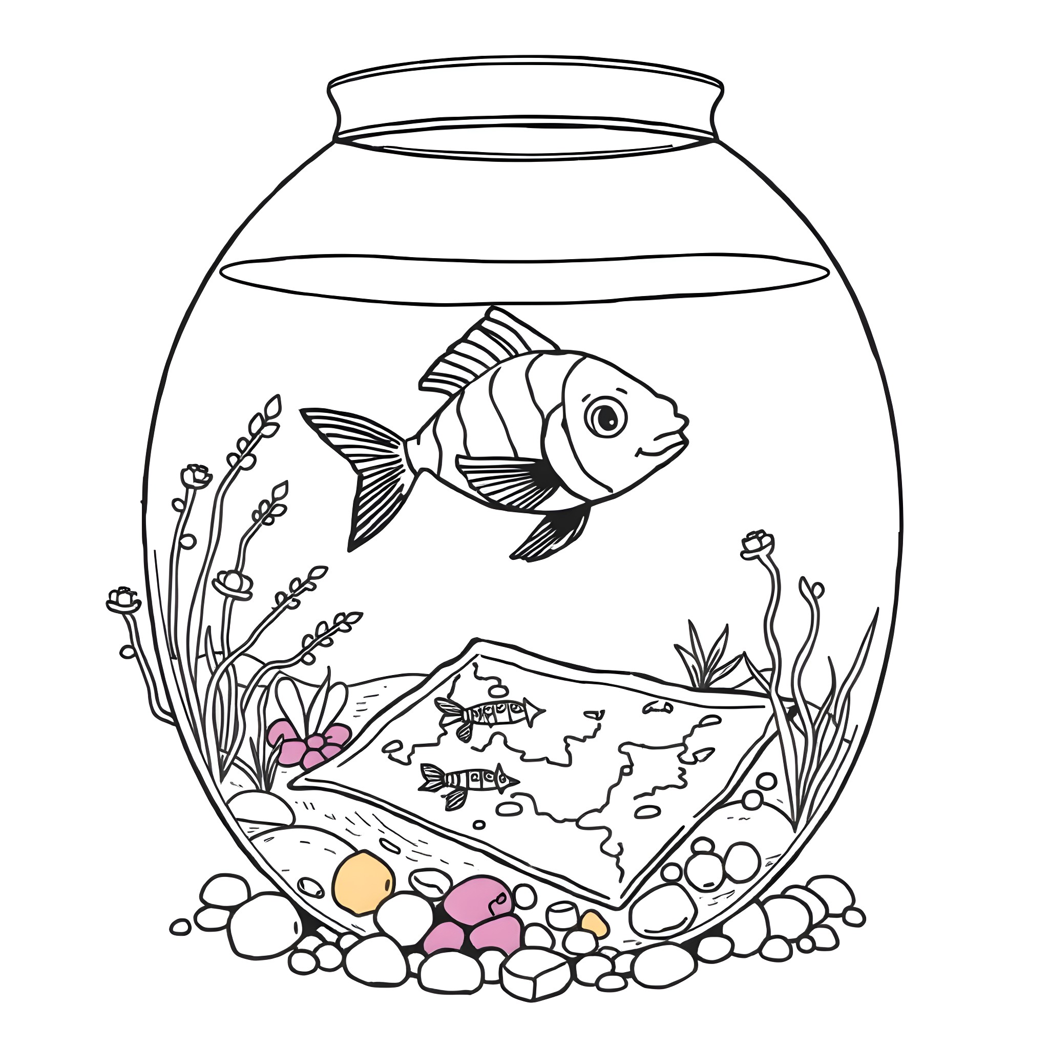 Fish swimming in an aquarium with plants Coloring Page (free black-and-white line drawing printable PDF for all, from beginners to advanced learners, including children, teens, adults, and seniors)