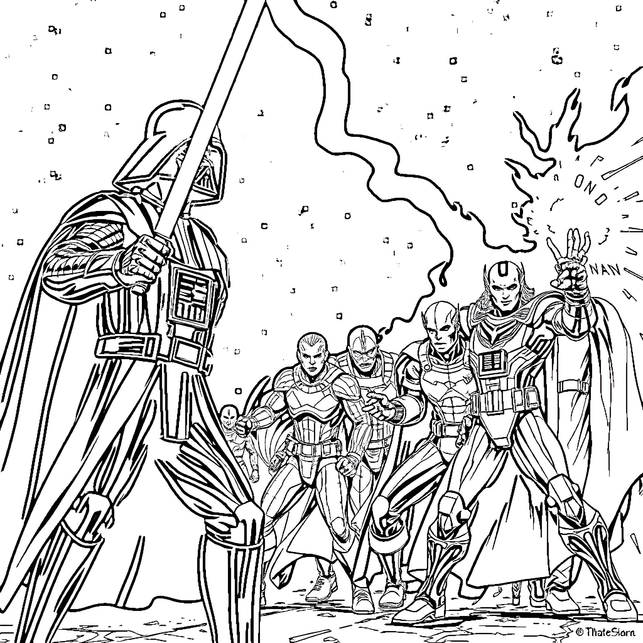 Darth Vader leading an army of stormtroopers Coloring Page (free black-and-white line drawing printable PDF for all, from beginners to advanced learners, including children, teens, adults, and seniors)