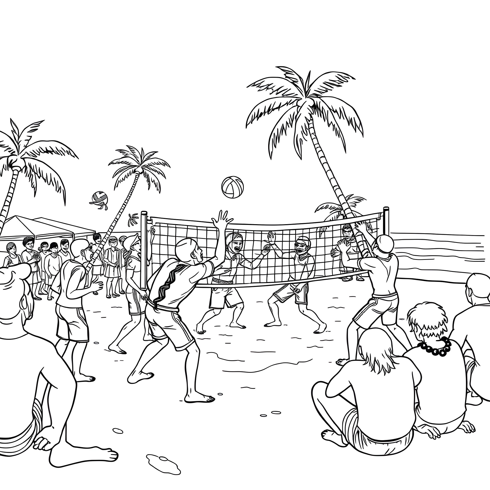Foot Clan beach volleyball game under palm trees Coloring Page (free black-and-white line drawing printable PDF for all, from beginners to advanced learners, including children, teens, adults, and seniors)