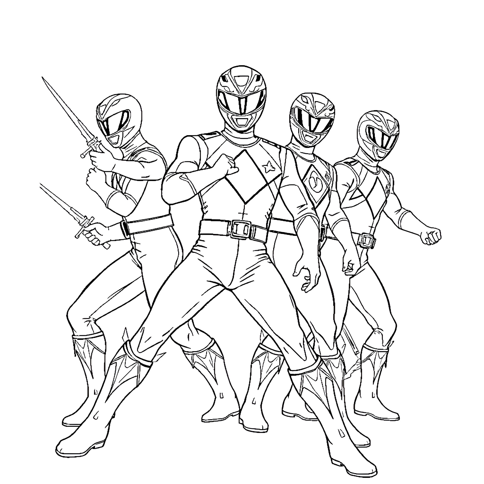 Power Rangers in Action: A Heroic Display Coloring Page (free black-and-white line drawing printable PDF for all, from beginners to advanced learners, including children, teens, adults, and seniors)