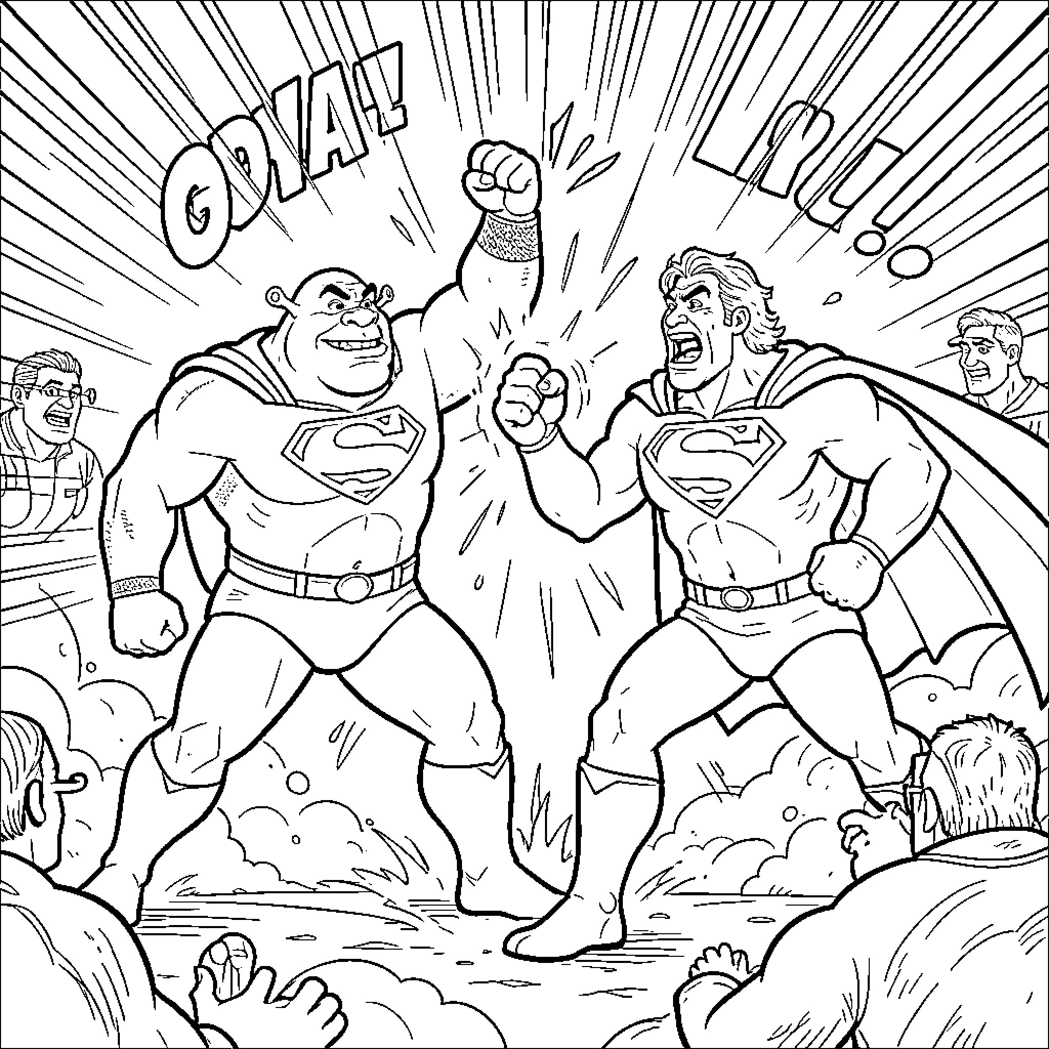 Shrek and Superman battle heroically in comic book style Coloring Page (free black-and-white line drawing printable PDF for all, from beginners to advanced learners, including children, teens, adults, and seniors)