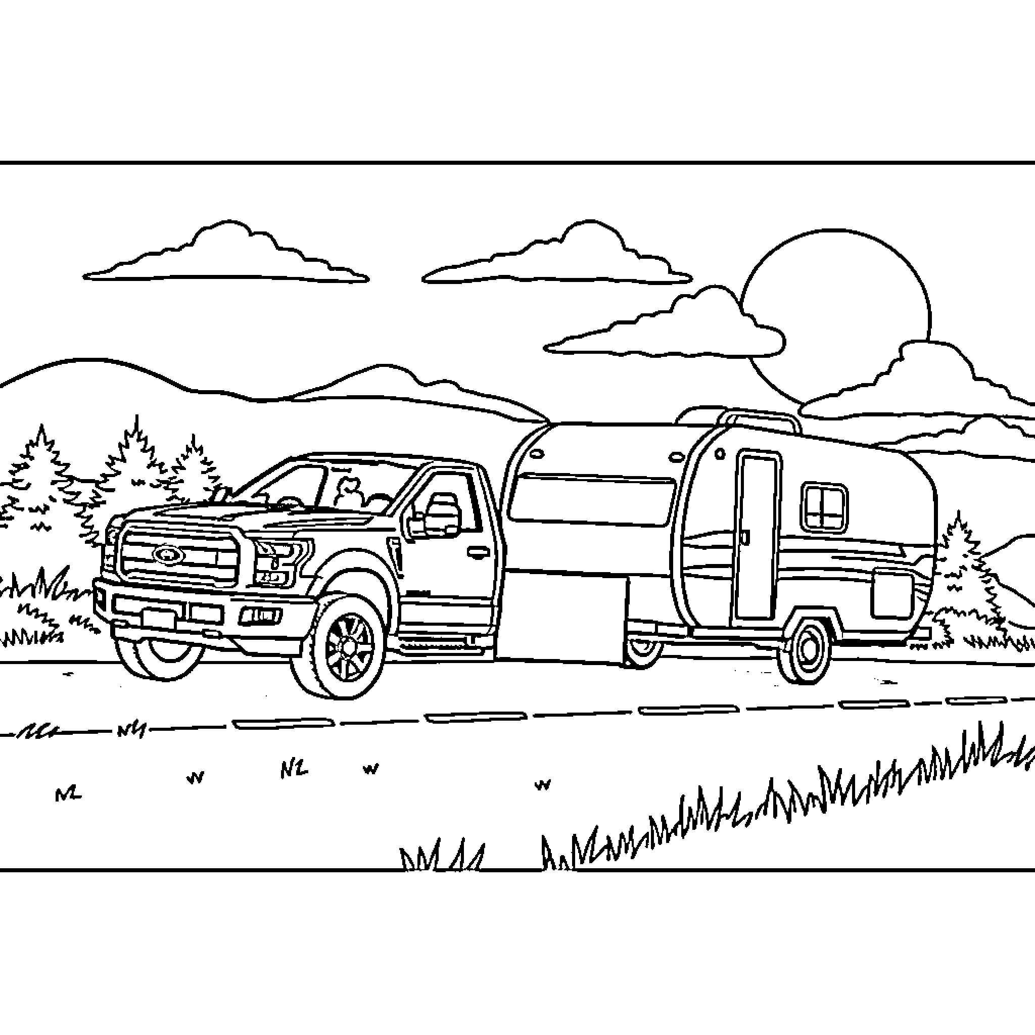 Pickup Truck Towing Camper Through Scenic Landscape Coloring Page (free black-and-white line drawing printable PDF for all, from beginners to advanced learners, including children, teens, adults, and seniors)