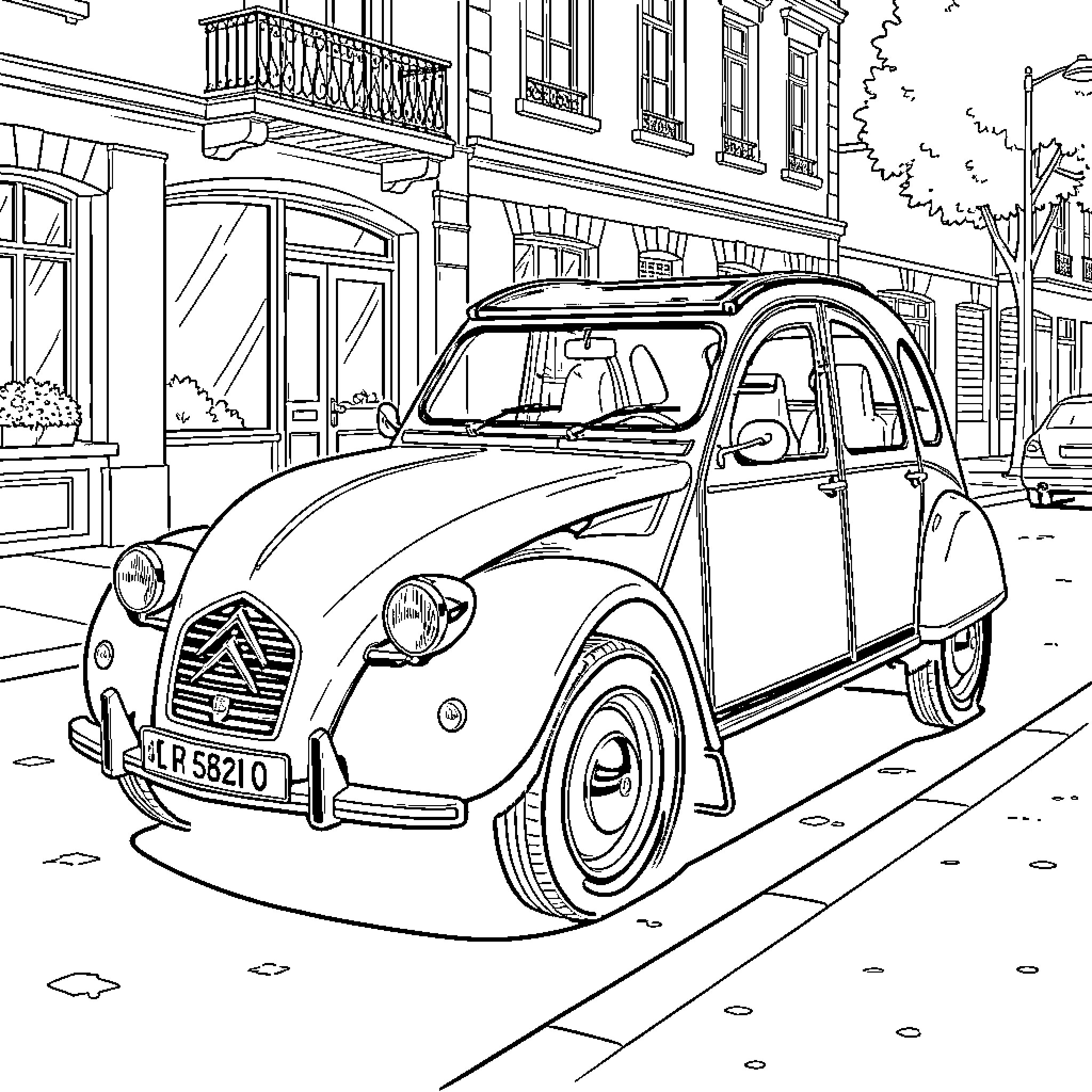 Citroen parked on a quiet city street Coloring Page (free black-and-white line drawing printable PDF for all, from beginners to advanced learners, including children, teens, adults, and seniors)